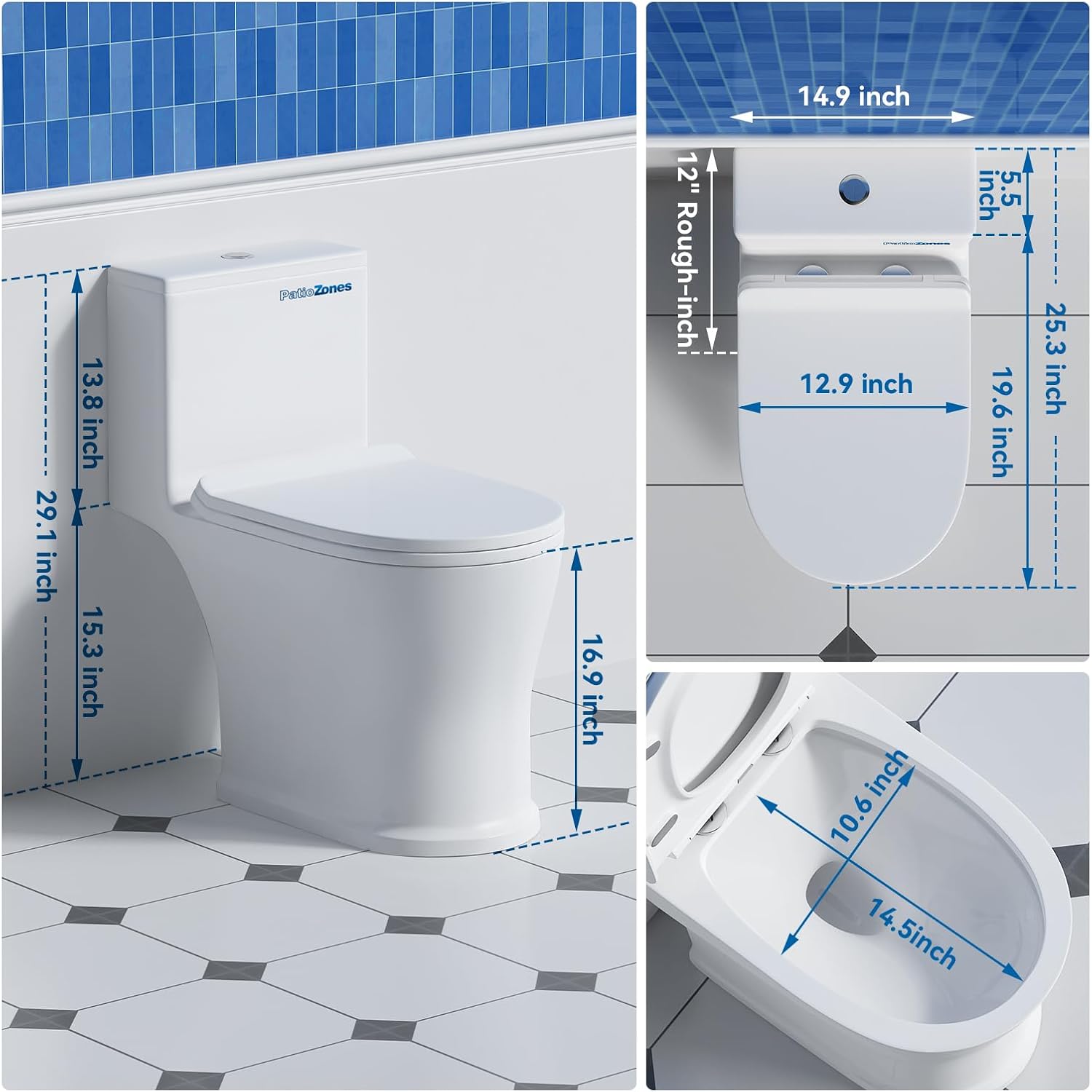 500W Upflush Toilet with Pump for Basement, One-Piece Full Skirted Toilet, 4 Inlets Macerator Pump for Kitchen/Sink/Shower/Washing Machine Waste Water Disposal, 23ft Head Lift, Quiet Grinder