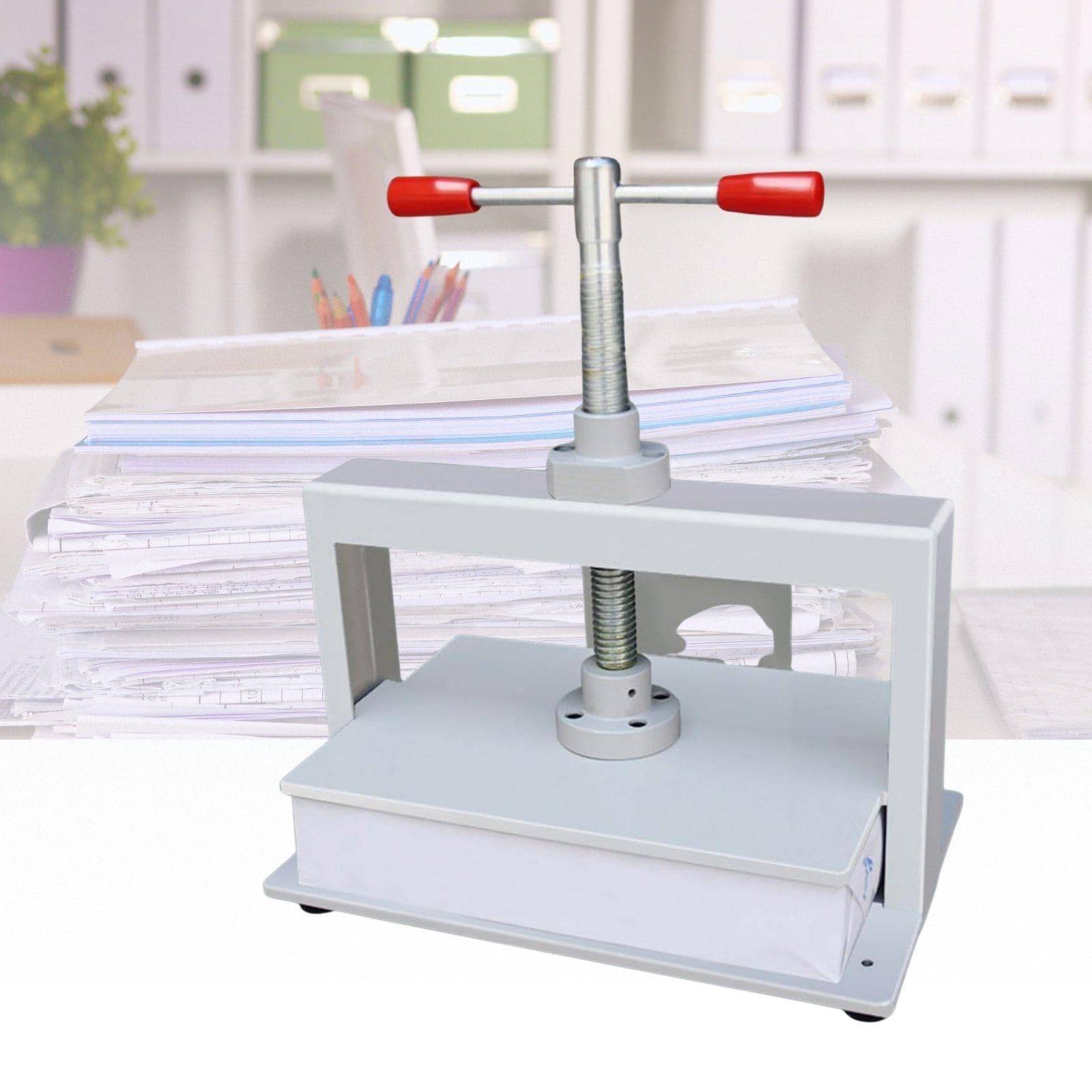 Pressa Manuale per Carta: Fatture, Ricevute, Documenti, Album A4 | Pressione Massima 2000 kg, Struttura in Acciaio Spessa 150 mm, Meccanismo a Vite per Appiattimento Carta e Rilegatura