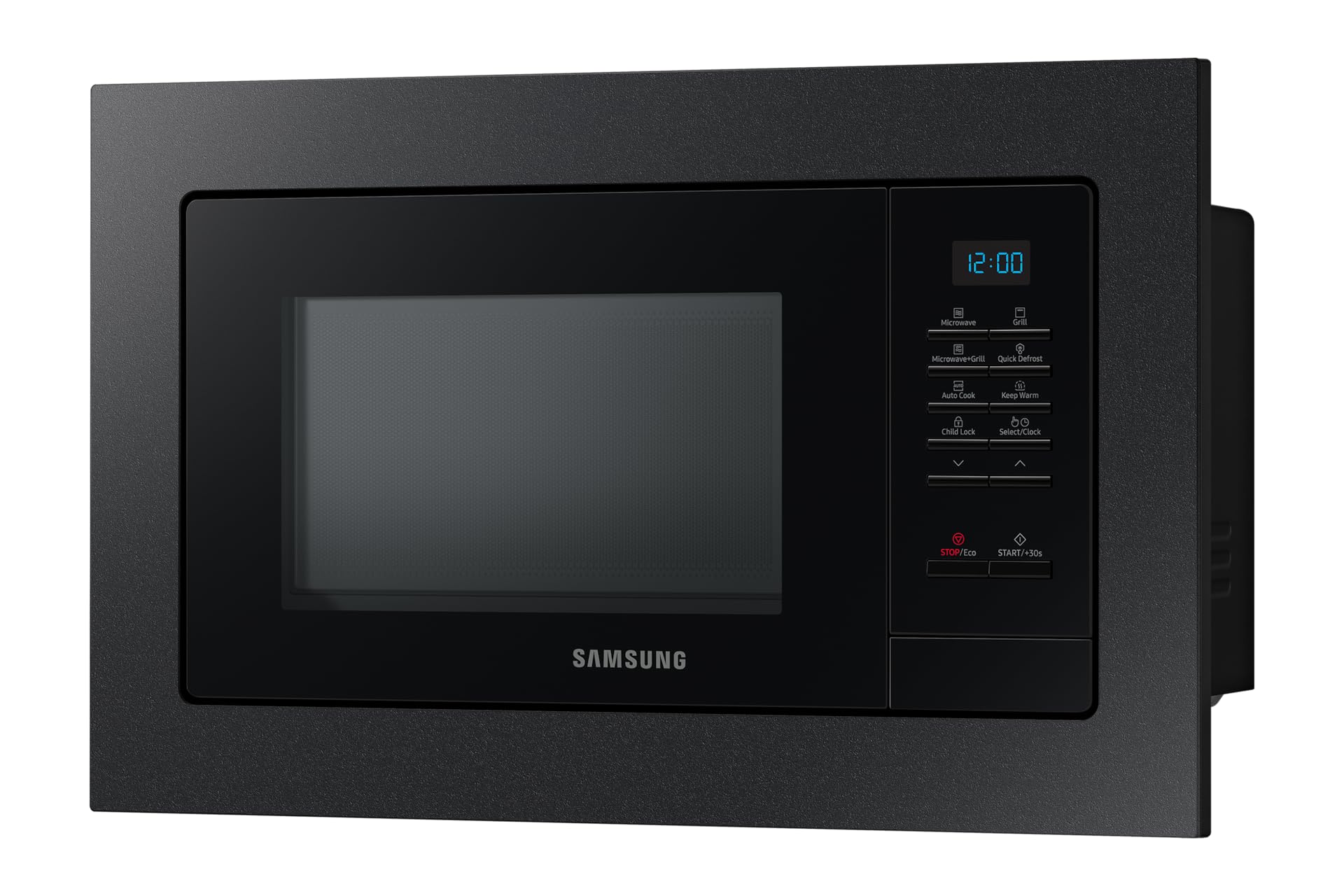 Samsung MG20A7013CB/EG - Microonde da incasso con grill, 850 W, 20 l, piccolo forno a microonde per nicchie da 28 cm, con telaio da incasso, piastra Crusty Plate, interno smaltato antigraffio, colore