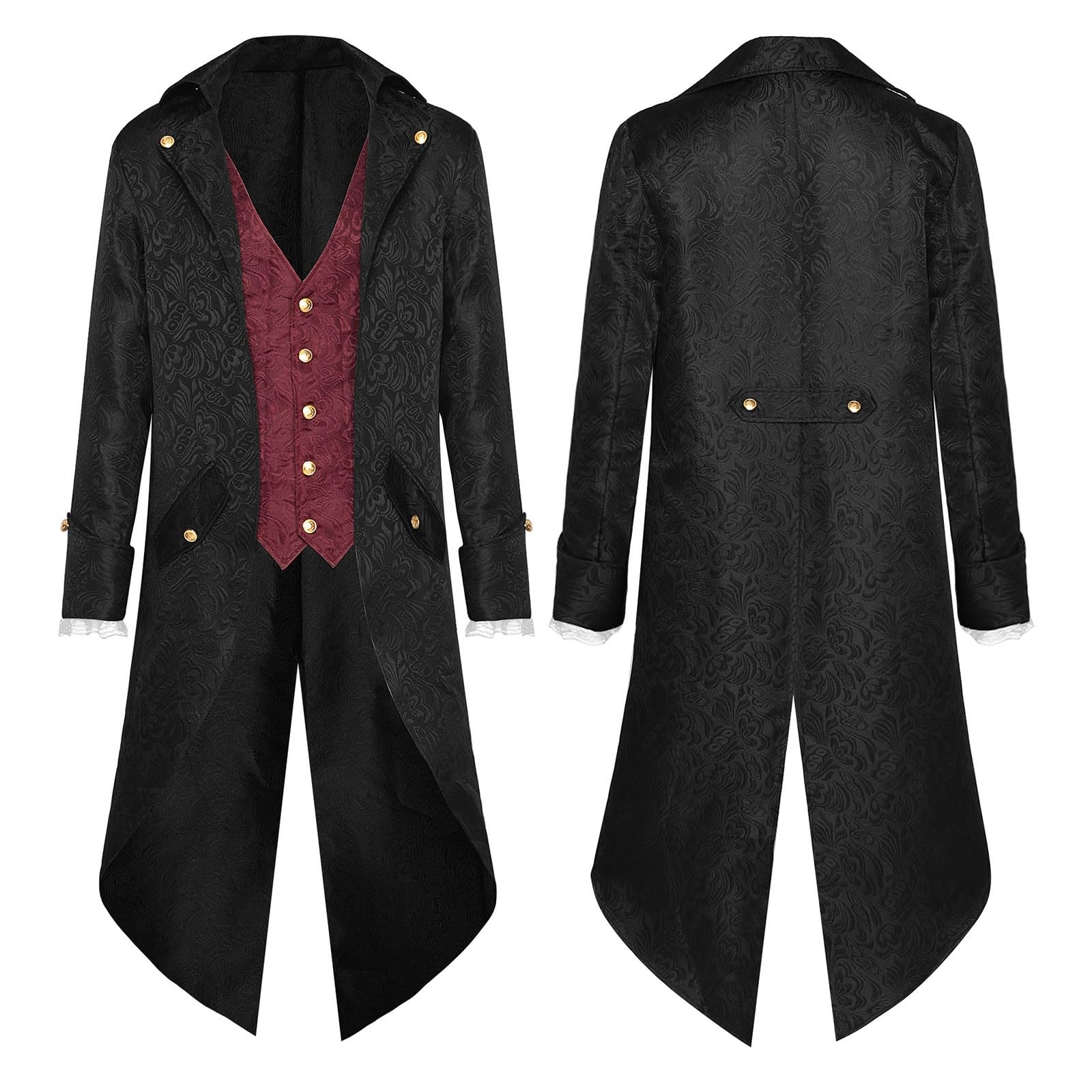 Steampunk Herren Mantel, Gothic Jacke Herren Midi, Klassisch Schwarz Frack Retro Mittelalter Gehrock Viktorianische Hof Anzugweste Elegant Tuxedo Piraten Vampir Cosplay Kleidung Halloween Kostüm