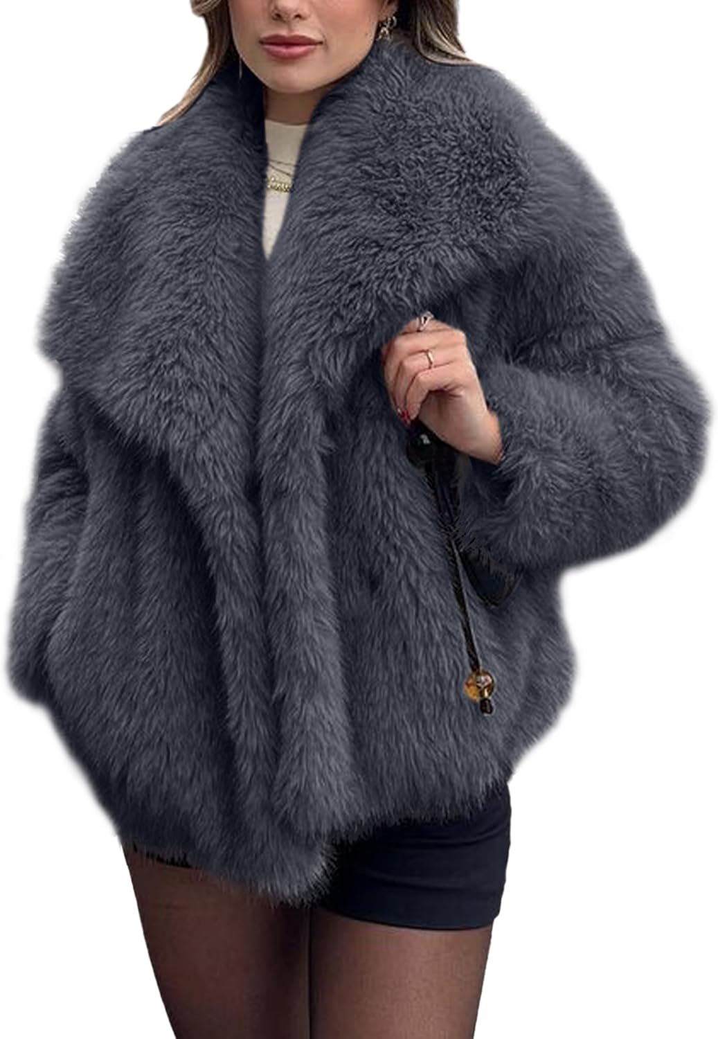 Shiyifa Faux Fur Coat for Women Fluffy Faux Fur Jacket Long Sleeve Open Front Cropped Fuzzy Outerwear