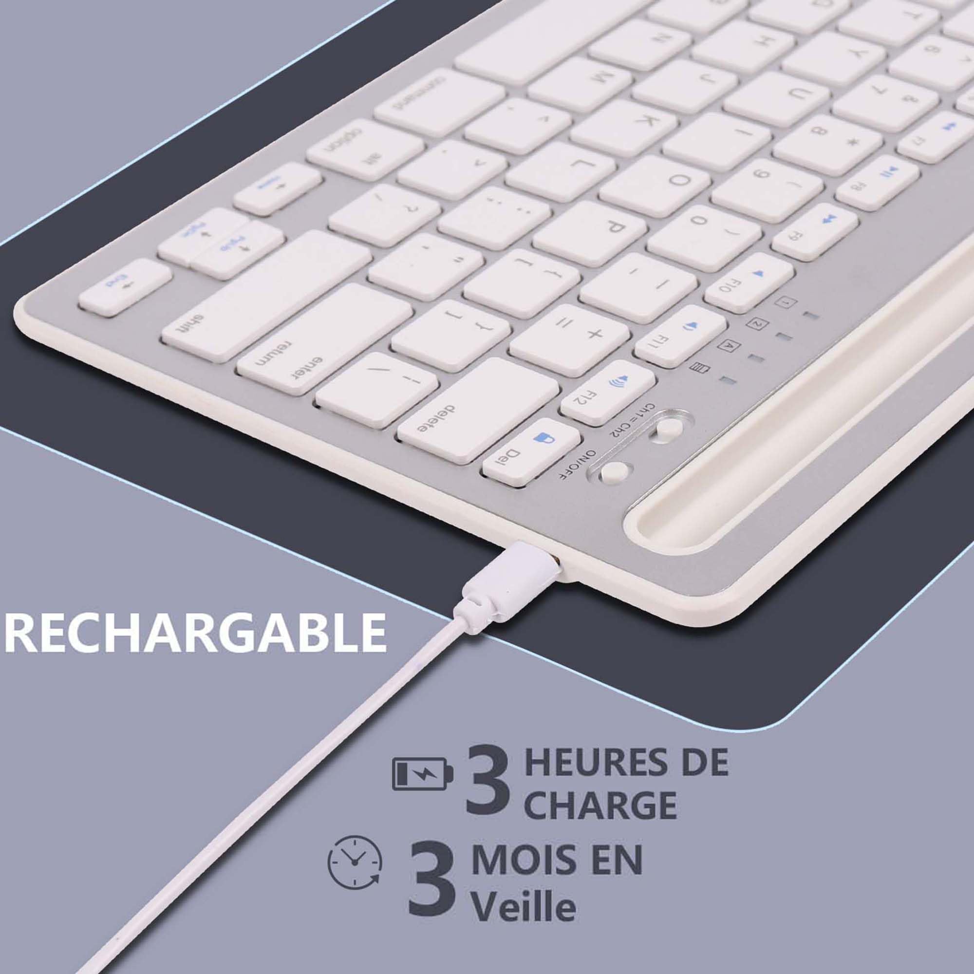 Clavier Filaire Bluetooth, Clavier QWERTY Silencieux Rechargeable Ultra-Mince, 78 Touches,Prend en Charge la Commutation Entre 2 Appareils, aAec Support Intégré,pour iPad,Tablettes,Smartphones(argent)