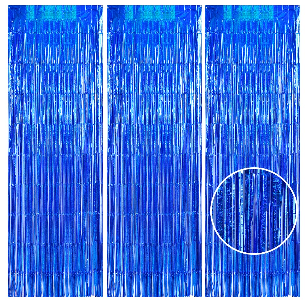 TONIFUL 3Pcs Laser Blue Door Streamers, Photo Booth Backdrop Metallic Streamers Foil Fringe Curtains for Birthday, Christmas, New Year, Bachelorette, Grad Party Decor (9.9ft x 6.6ft)