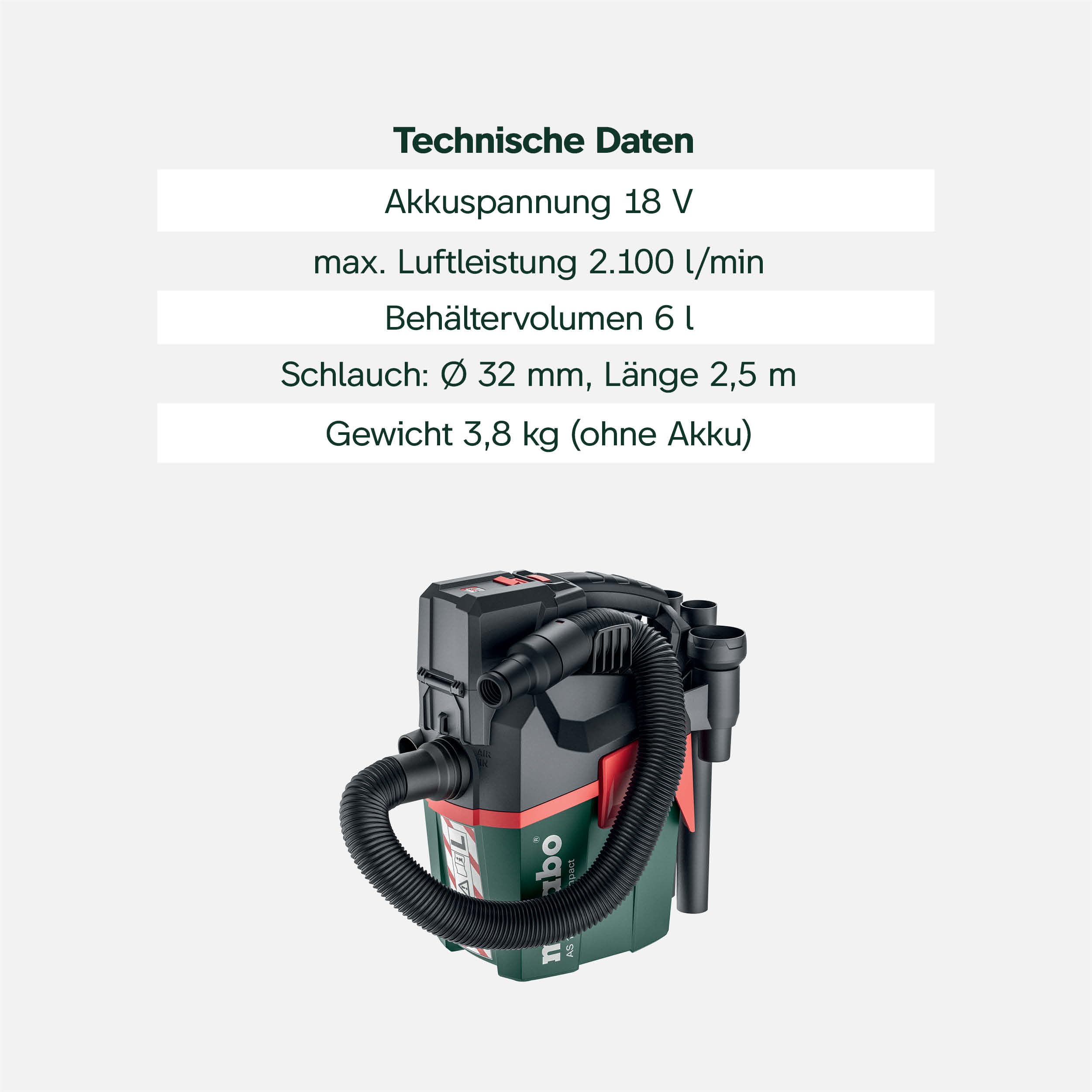 metabo Akku-Sauger AS 18 L PC Compact, 18V Industriesauger Nass-Trocken | Mobiler Mehrzwecksauger der Staubklasse L mit PressClean, Blasfunktion und Tragegurt, ohne Akku und Ladegerät