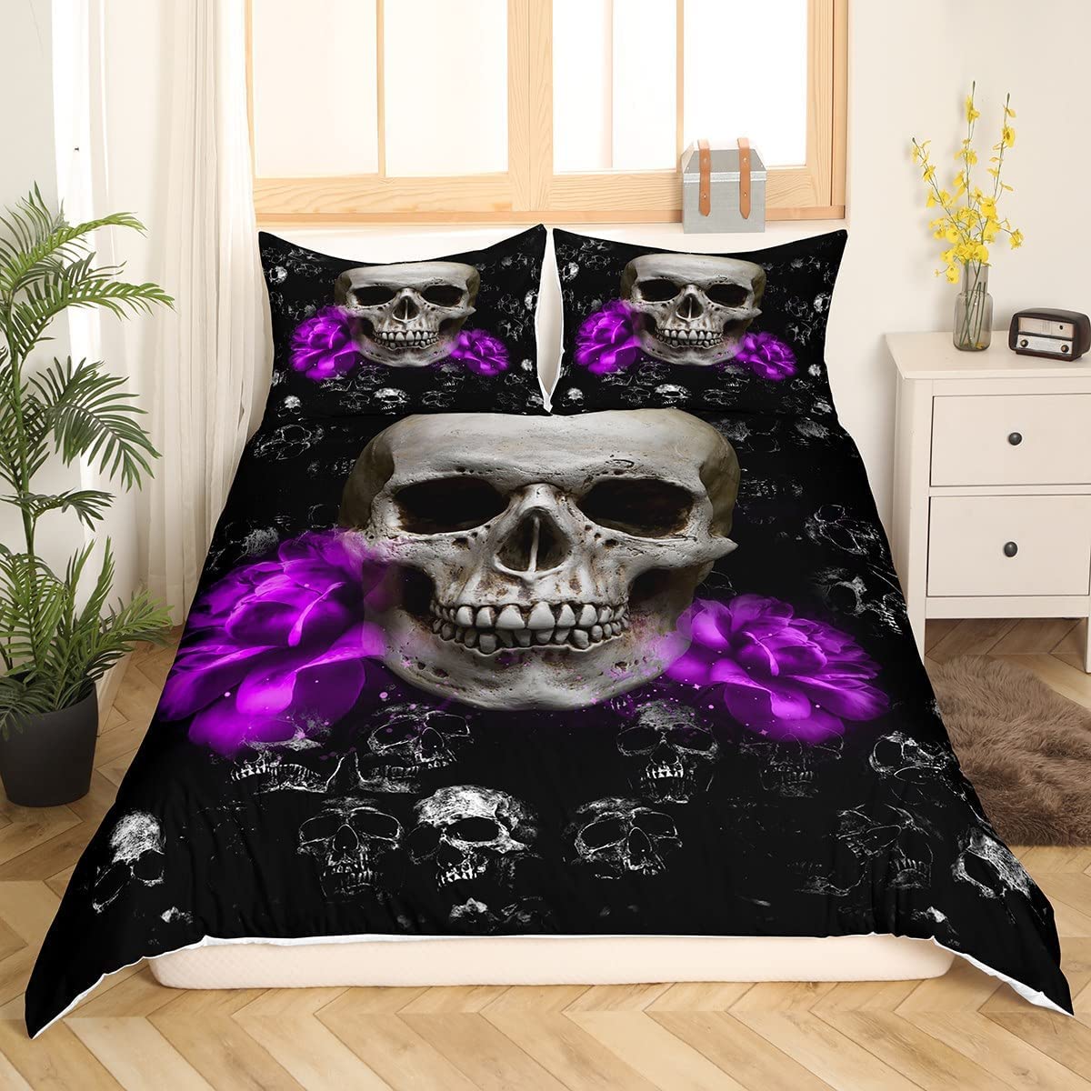 Housse de couette violet floral avec impression 3D crâne et os pour lit adulte