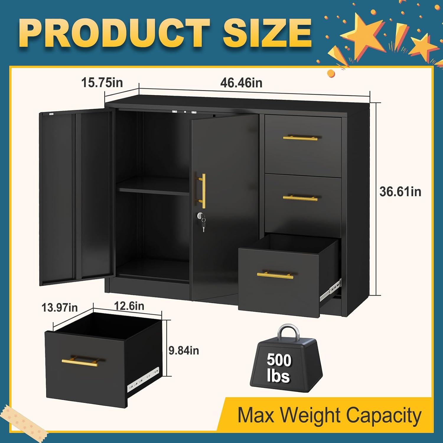 pozdeg 3 Drawer Lateral File Cabinet, Heavy-Duty Metal Lockable Filing Cabinet with 2 Doors, Fire & Weatherproof Storage Cabinet for Office, Home, Garage, School, Gym, Spacious Top for Printer (Black)