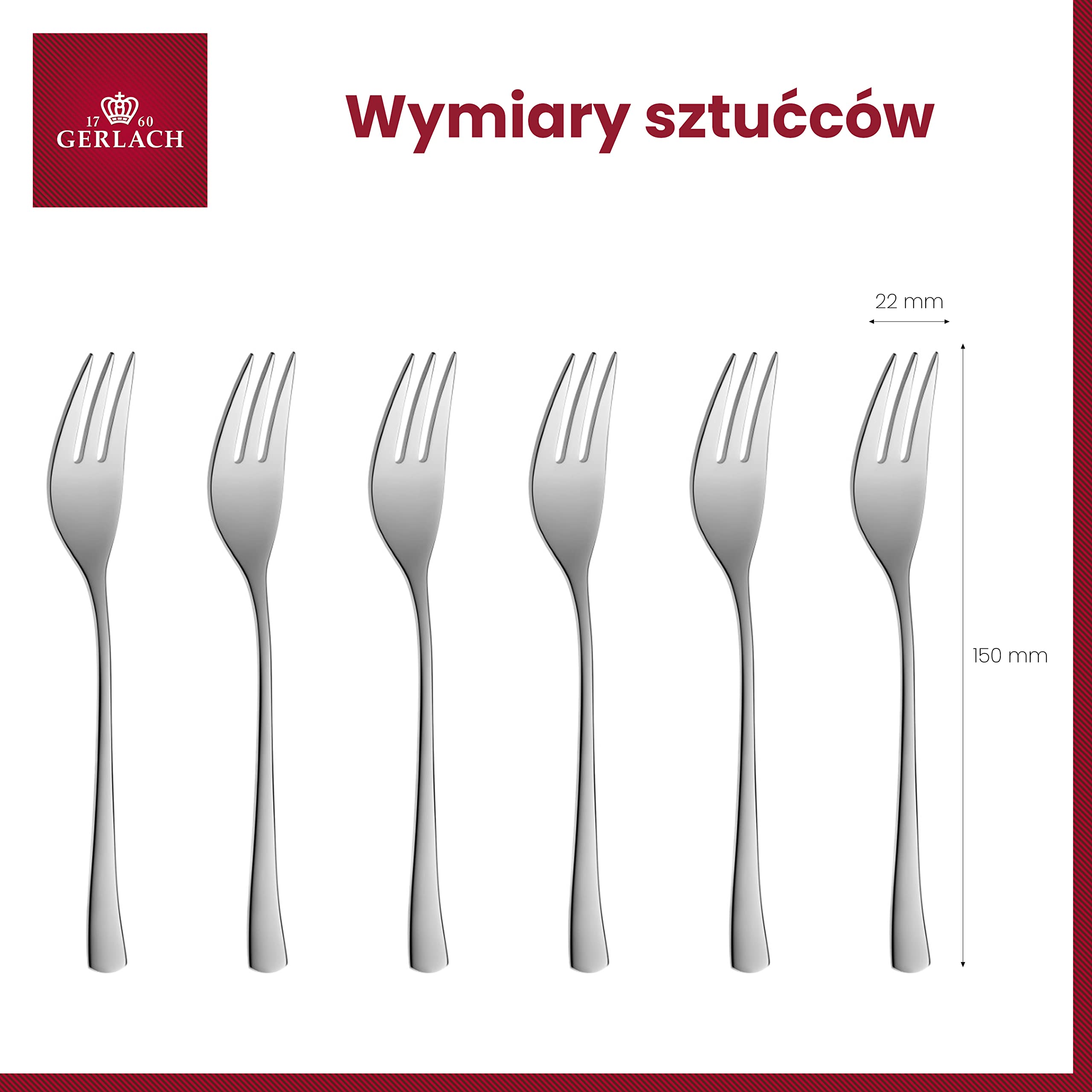 Gerlach Tunea Zestaw Widelczyków Do Ciast i Deserów Dla 6 Osób Ze Stali Szlachetnej Nierdzewnej Komplet Widelców Deserowych Do Mycia W Zmywarce Połysk 6 Elementów