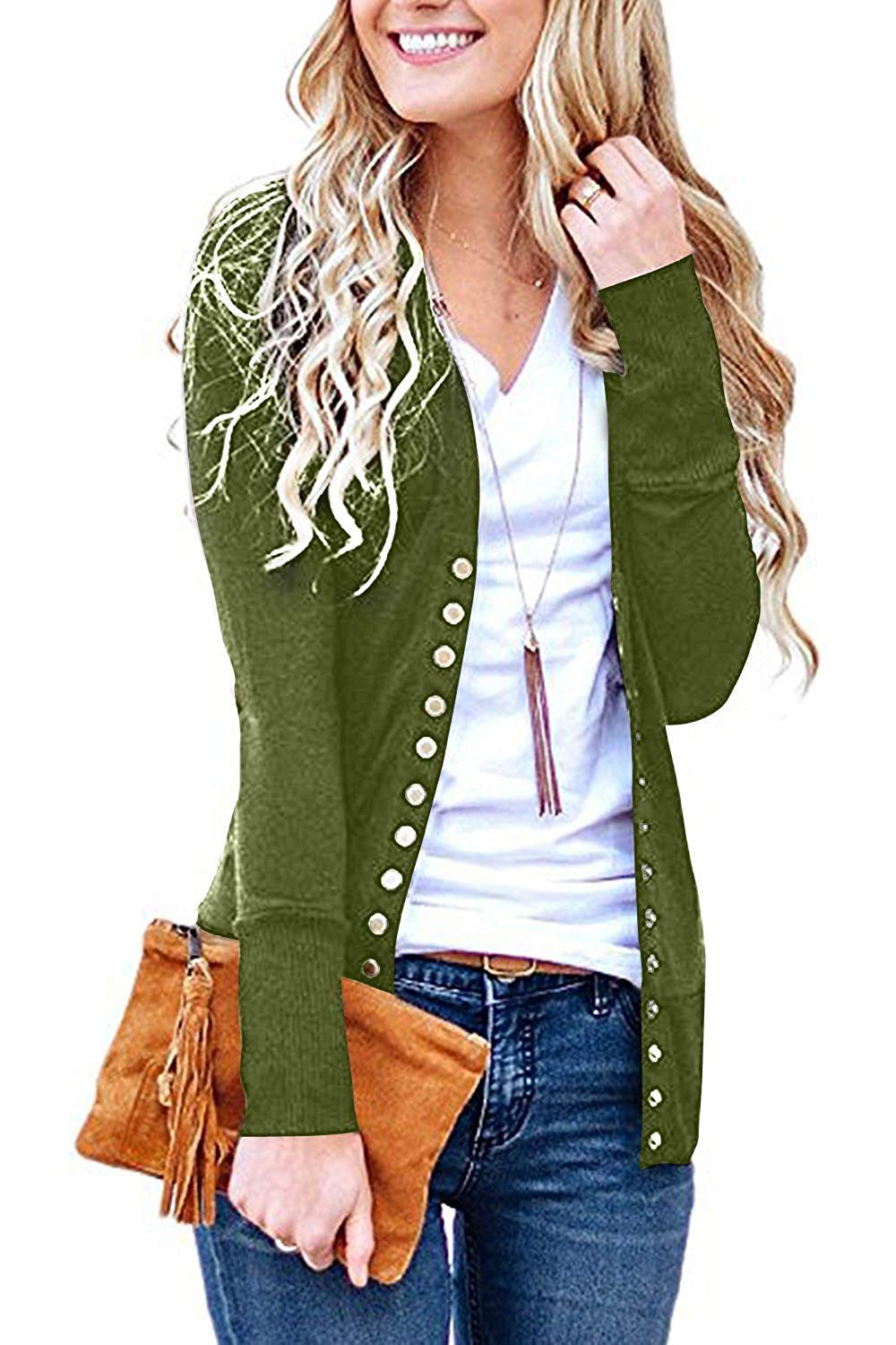 Women's S-3XL Solid Button Front Knitwears Long Sleeve Casual Cardigans Olive M