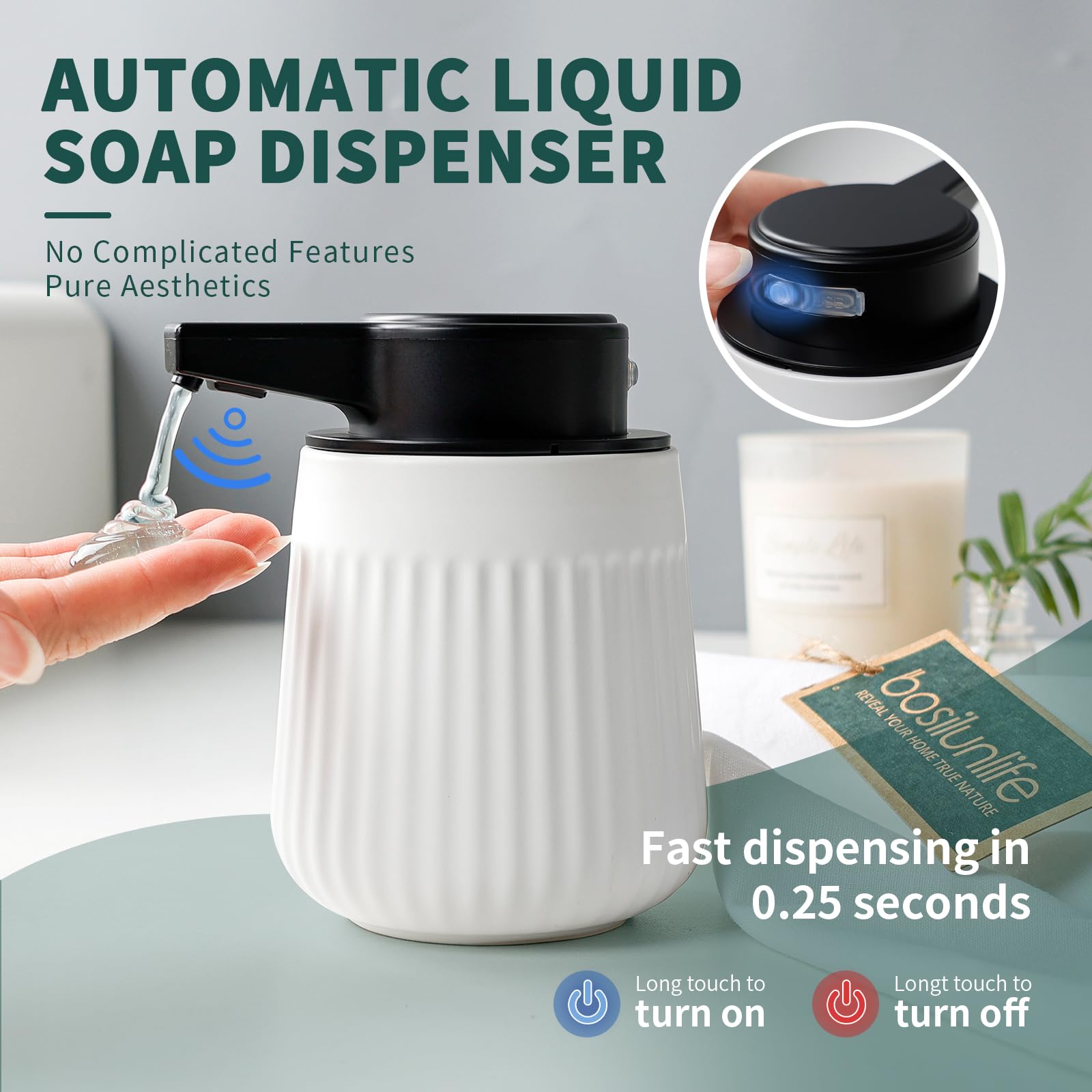 BosilunLife Dispenser automatico di sapone in ceramica con ugello a pompa esteso, 3 livelli regolabili, dispenser di sapone liquido per lozioni touchless, per bagno e cucina, design a righe, bianco