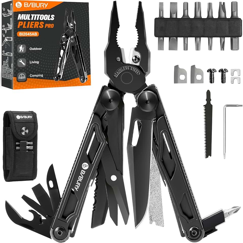 BIBURY Multiherramienta de alicates, navaja multiusos de acero inoxidable con tijeras y juego de destornilladores, portátiles alicates plegables para la trabajo exterior, camping, reparación - Pro-N