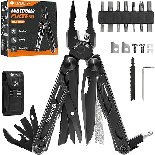 BIBURY Multitool Pliers Pro BI2045AB, Stainless Steel Foldable Multi Tool with Upgraded Scissors and Screwdriver, Multitools with Replaceable Wire Cutters and Saw, Ideal for Camping,Fishing,Survival