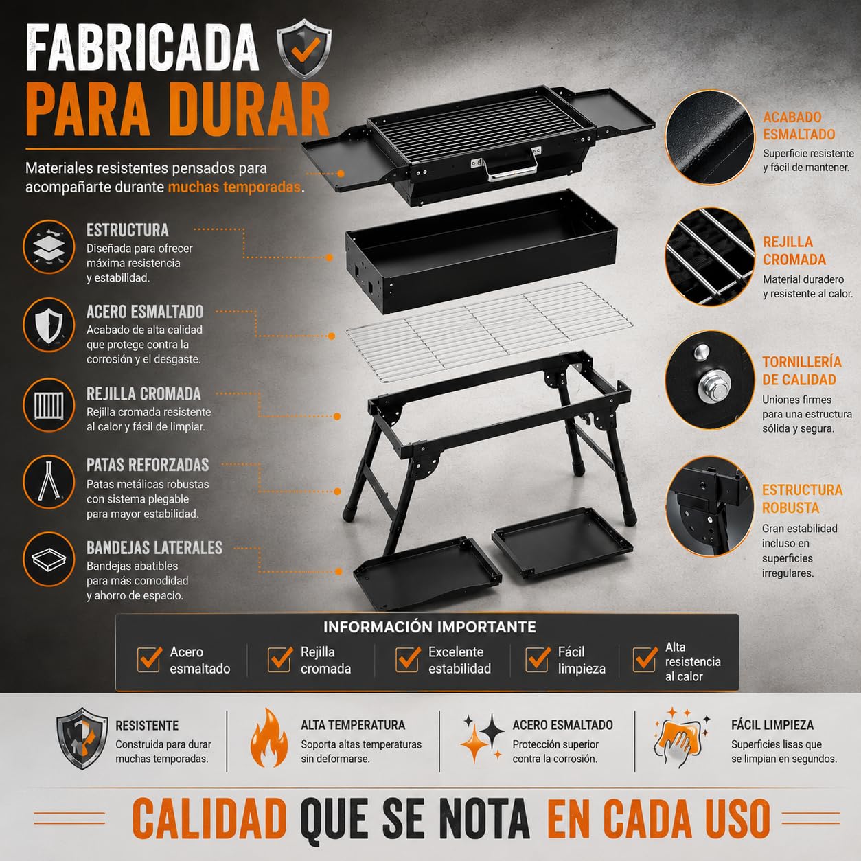 TIENDA EURASIA – Barbacoa de Carbón Plegable | Portátil con 4 Patas Plegables y 2 Bandejas Laterales Abatibles | Acero Esmaltado | Rejilla de Cocción Cromada | Negro | Carbón o Briquetas | 82x30x57 cm