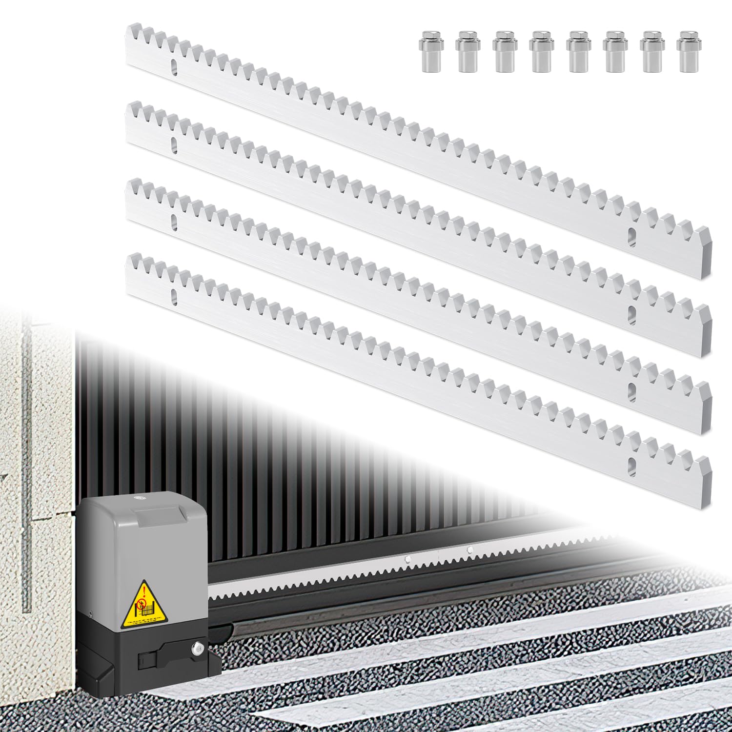 Fiqops Rack per cancello scorrevole apriporta cancello scorrevole, 2 m, 4 pezzi (ogni 50 cm di lunghezza), acciaio zincato, argento