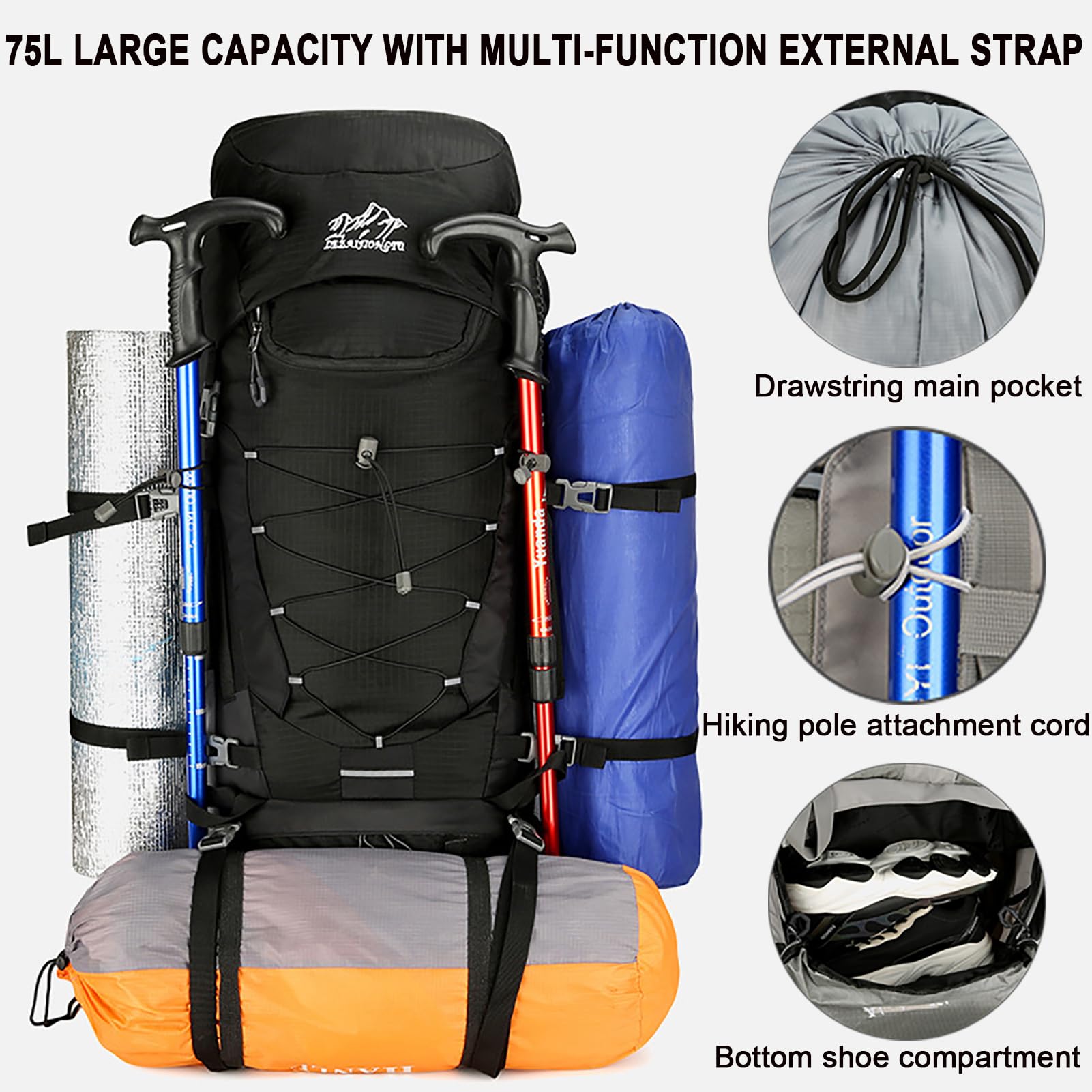 Zaino Trekking 75L Antistrappo Impermeabile con Copri Pioggia, Zaino da Viaggio Sport all'aperto Leggero per Escursionismo Arrampicata Campeggio Turismo Montagna,Viola