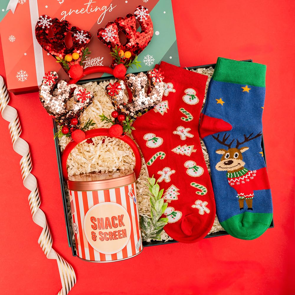 The Zappy Box Couple Christmas Movie Night For Two Xmas Hamper | Festive Snacks & Cozy Essentials Gift Box | Festive Hamper of Headbands, Xmas Themed Socks & Customized Popcorn Tin | Pack of 5-image-39