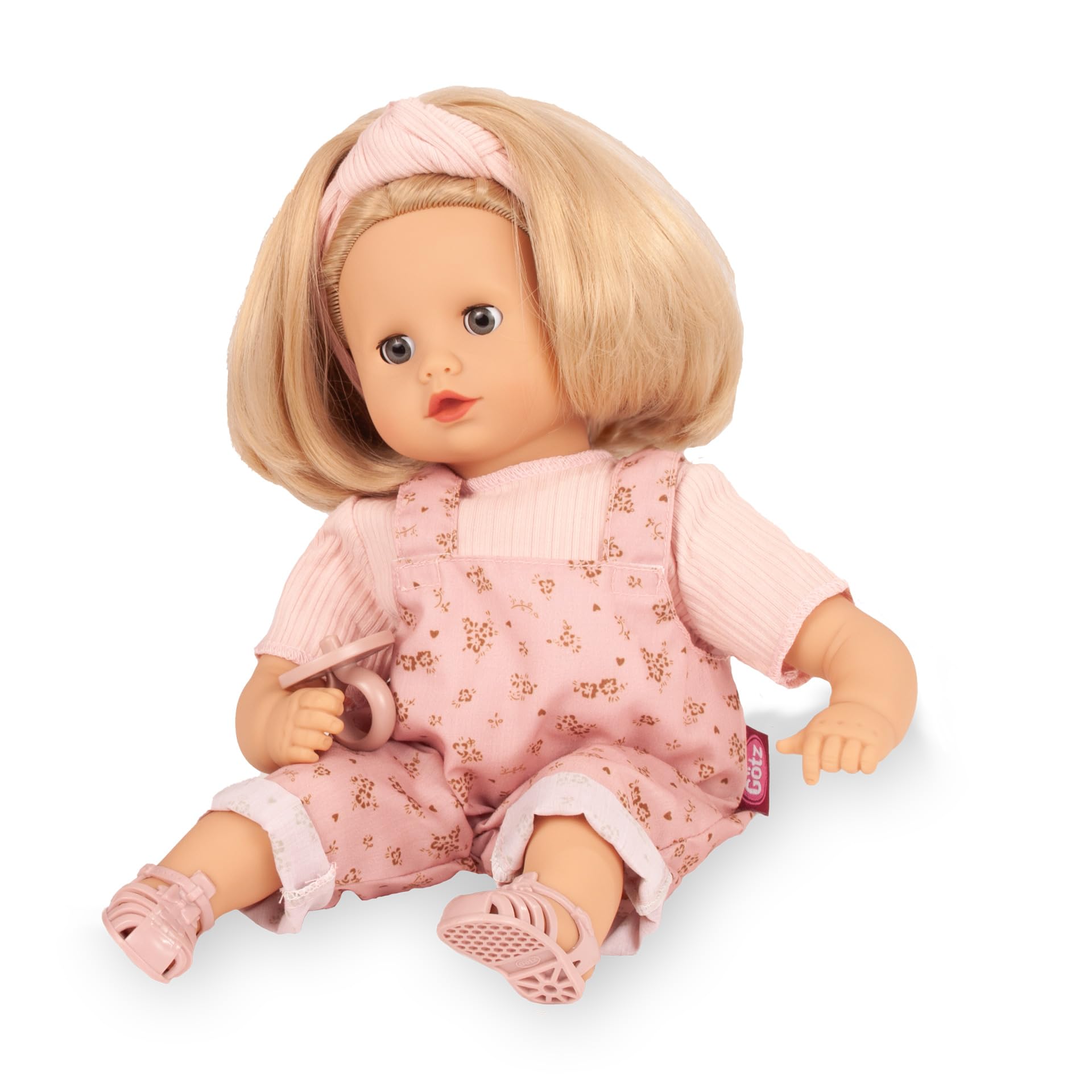 Götz 2620972 Muffin Millefleur Puppe 33 cm Babypuppe Blaue Schlafaugen | 7-tlg, blonde Haare, Weichkörper, für Kinder ab 3 Jahren, frisierbar, waschbares Haar, mit Schnuller, Haarband und Sandalen