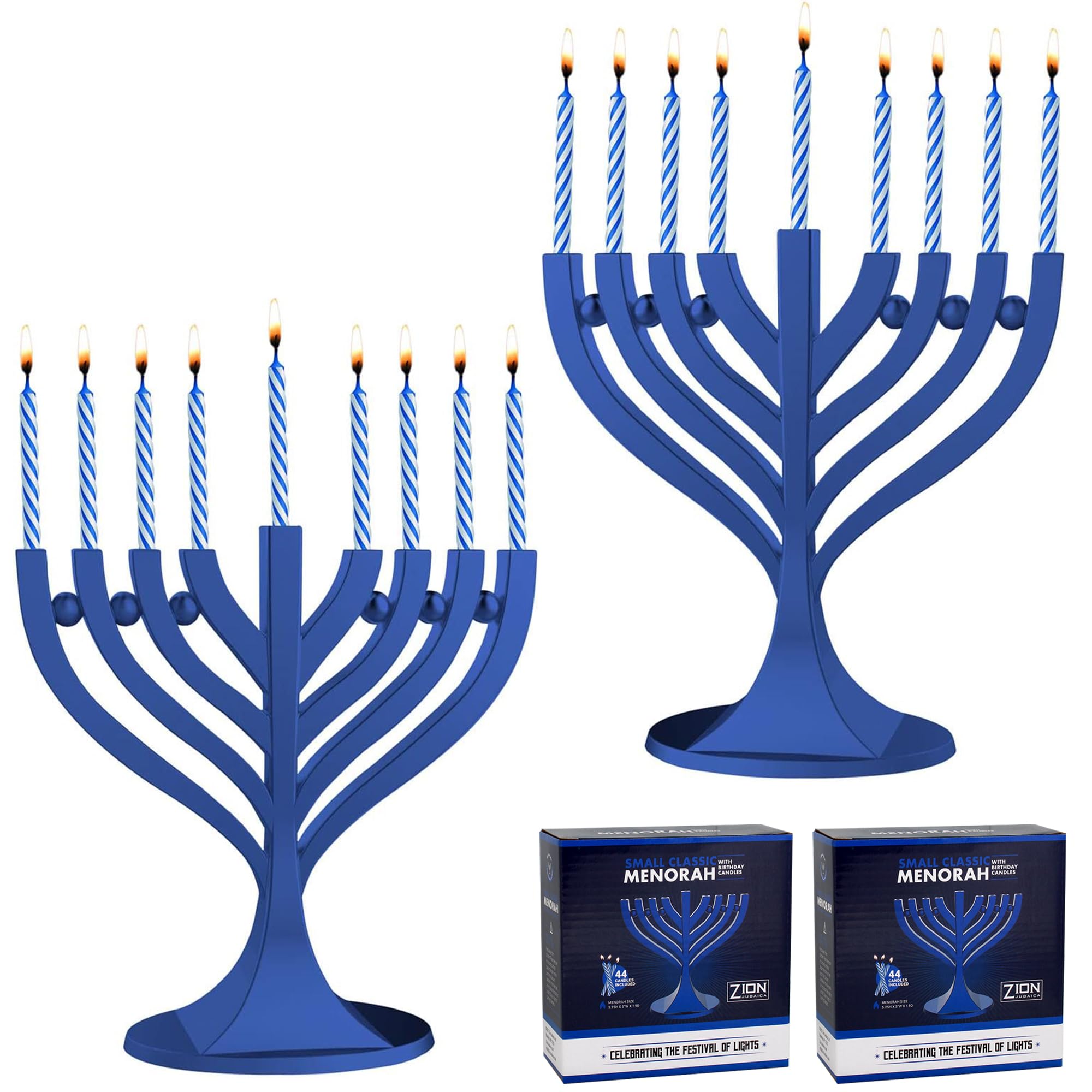 Zion Judaica Mini Blue Menorah with 44 Birthday Candles Small Travel Minorah with Chanukah Candles On-The-Go Hanukkiah Menora Compact Hanukkah Candle Holder Menorahs Hanukkah Gift Multi Menorot 2 Pack