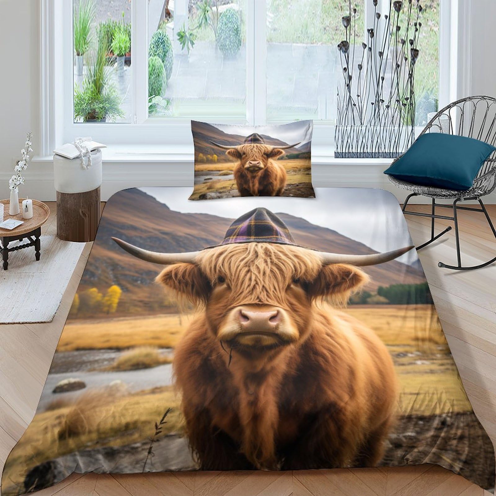 NAHCBIOT Highland Cattle Duvet Cover Boys Kids Bedding Set Comforter Cover Microfiber Decor with A Sense of 3D Print Cute Cow Quilt Cover Single（135x200cm）