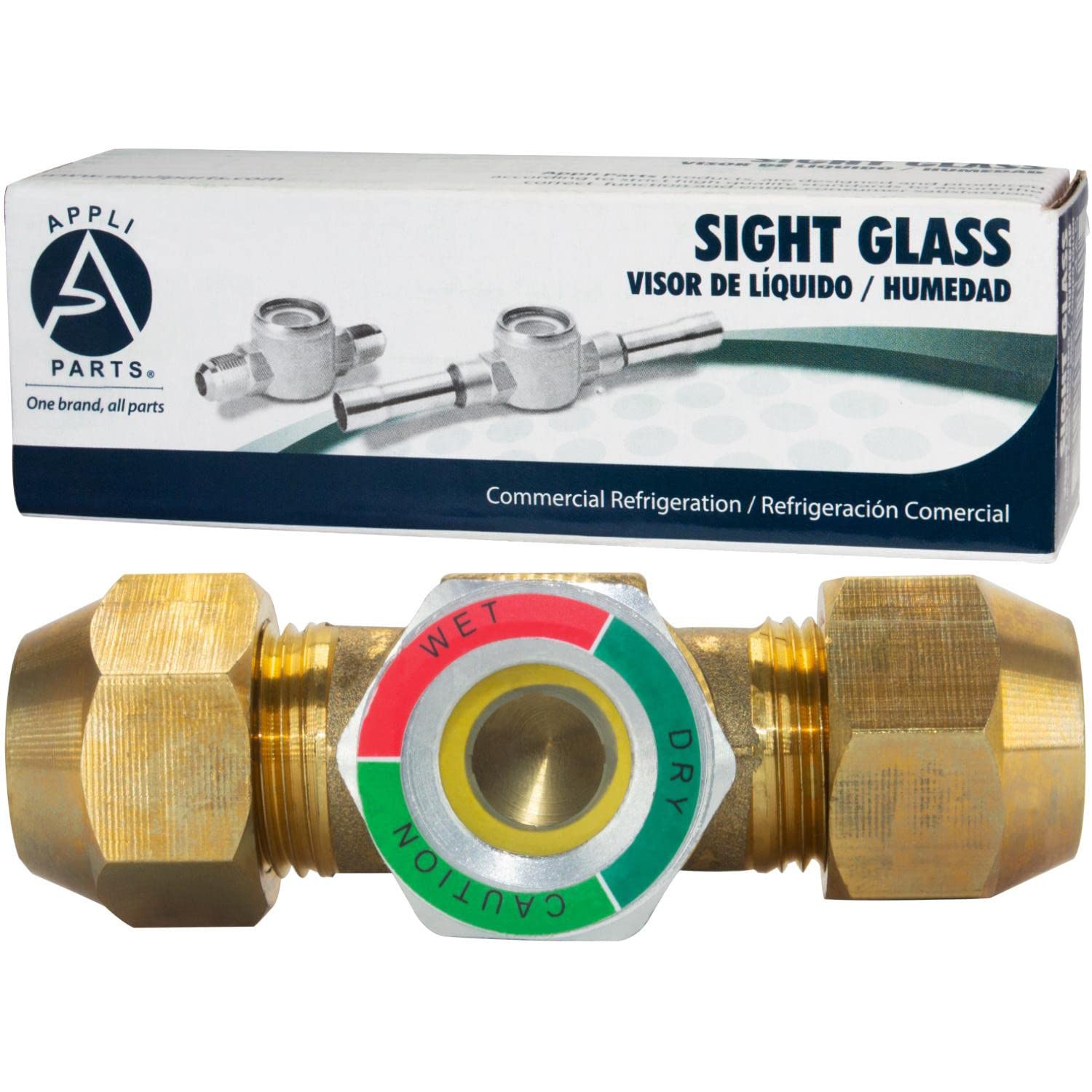 Appli Parts APSG-34A Visor de Liquido 3/4 pulg Flare e Indicador de Humedad con conexiones Rosca con cuerpo extraible para Sistemas de Refrigeracion y Aire Acondicionado compatible con refrigerantes CFC, HCFC, HFC