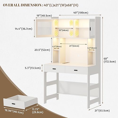 Miniatura 2 de Vlsrka Escritorio de oficina en casa con gabinete y cajones, escritorio de computadora de 40 pulgadas con estantes de almacenamiento y luces LED,