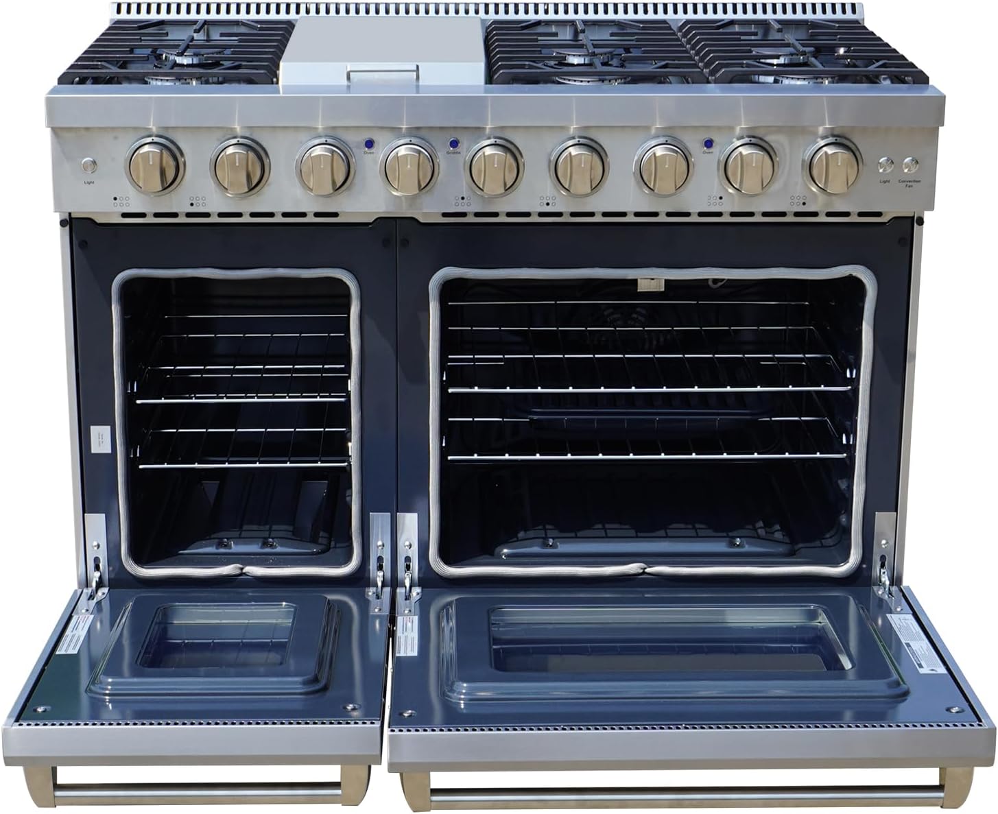 CHETTO C 48-Inch Freestanding Gas Range Stove With 6 Burners, 7.0 cu.ft Convection Oven, Cast Iron Grates, Convection Heating, Two Porcelain Baking Trays, Natural Gas/LP Convertible, Stainless Steel