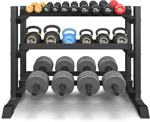 3-Tier Dumbbell Rack, 1200LB Capacity Adjustable Weight Rack for Home Gym, Heavy-Duty Weight Stand for Dumbbells Kettlebells & Weight Plates(Rack