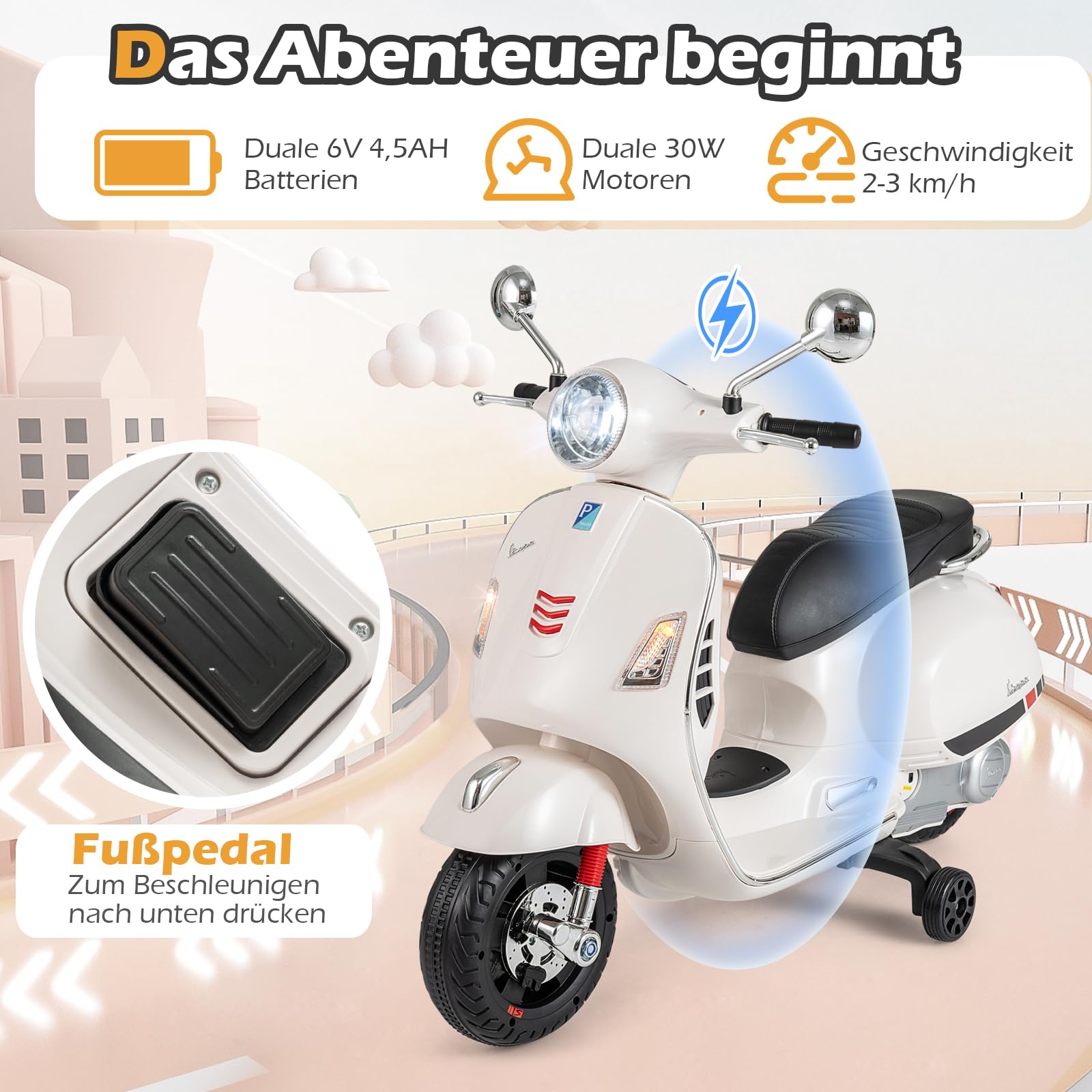 COSTWAY Kinder Motorrad Elektrisch, Vespa 12V Motorrad mit LED-Scheinwerfer & Hupe, 2-3 km/h Elektro Kindermotorrad mit Stützrädern, Elektrofahrzeug für Jungen & Mädchen von 3-6 Jahren (Weiß)
