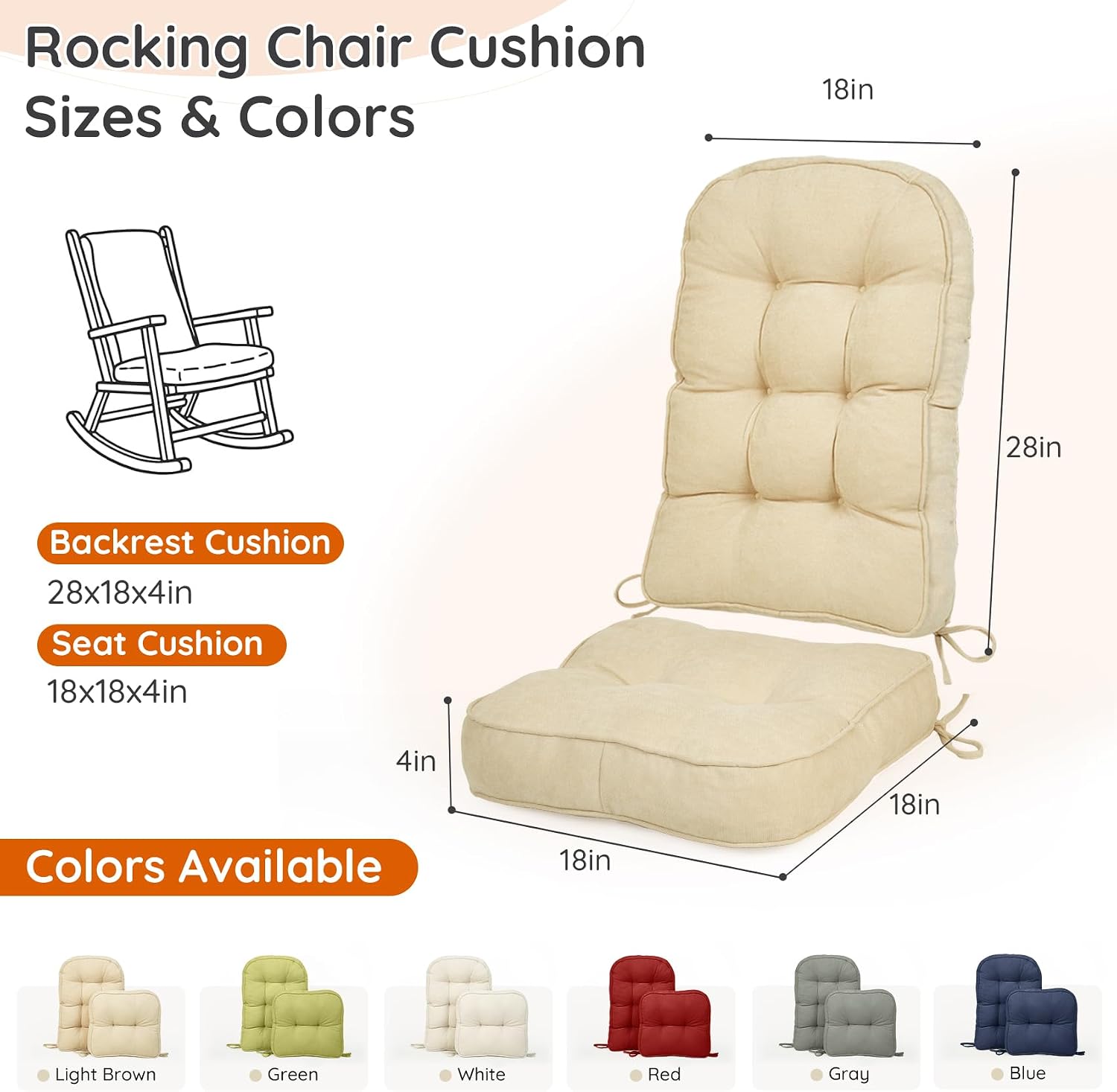 Anti-Slip Rocking Chair Cushion with Ties/Non-Slip Bottom 4-Inch Thickened Tufted Rocking Chair Pads for Indoor Furniture, 6 Colors (Light Brown, 28x18-18x18)