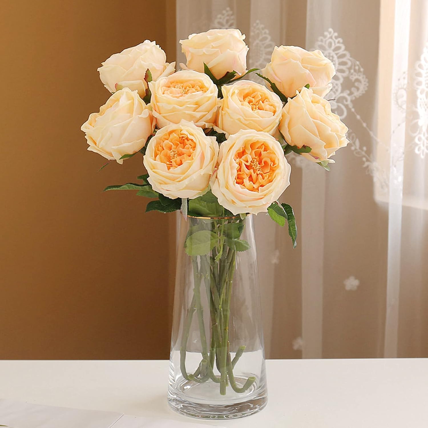 UKELER Artificial Roses 4 Pcs Real Touch Artificial Flowers Champagne Austin Rose Peony with Stem for Home Decor Flower Arrangement Wedding Party Decoration