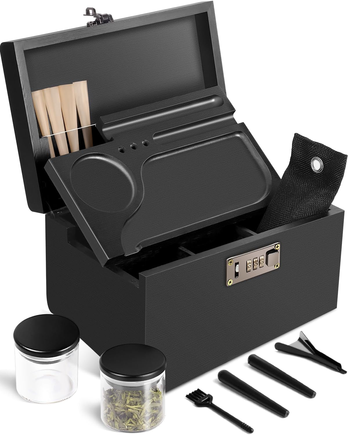 OZCHIN Bamboo Smell Proof Container Locking Box, Large Wooden Storage Box with Glass Jar, Christmas Gifts for Men Women, Home Decor & Smoking Accessories