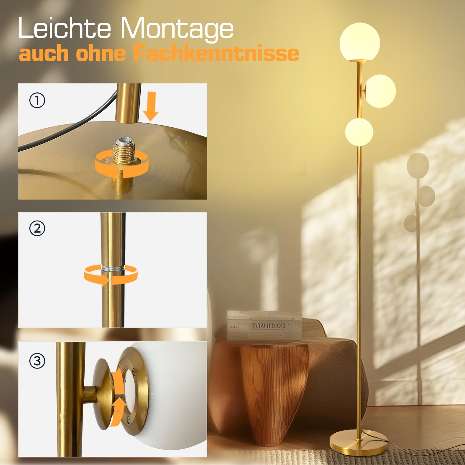 LED Stehlampe 168cm Gold – 3 Rundlichte, dimmbar, Fernbedienung | 168cm Stehlampe Gold | 3 Rundlichte | Dimmbar + Fernbedienung | Farbtemperatur einstellbar | Timer | Wohnzimmer, Büro, Flur