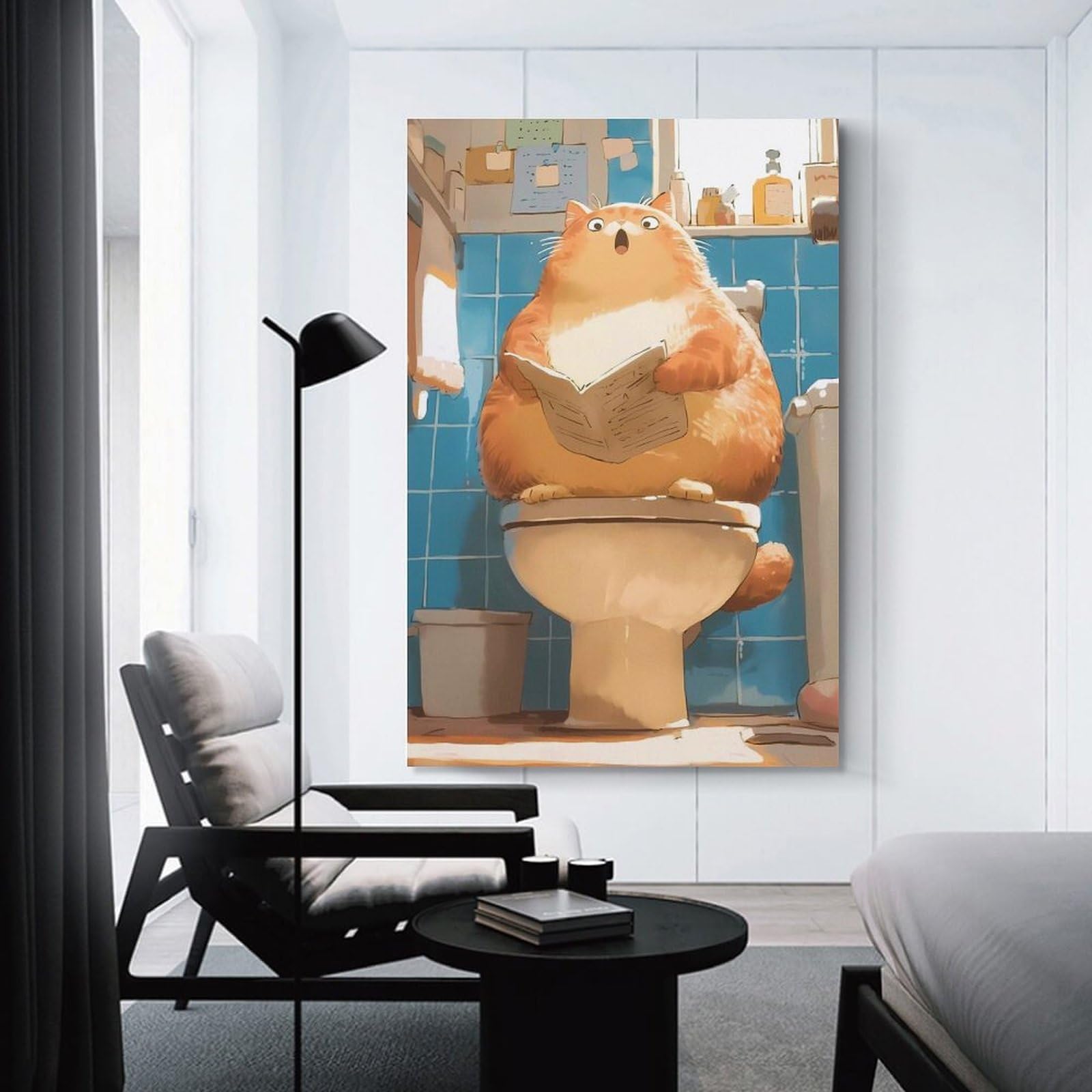 Junmoney Canvas Art Print Toilet Cat Fun, 20x30inch(50x75cm), for New Homes, Bedrooms Or Workspaces, Thoughtful Wall Decor for Art Lovers