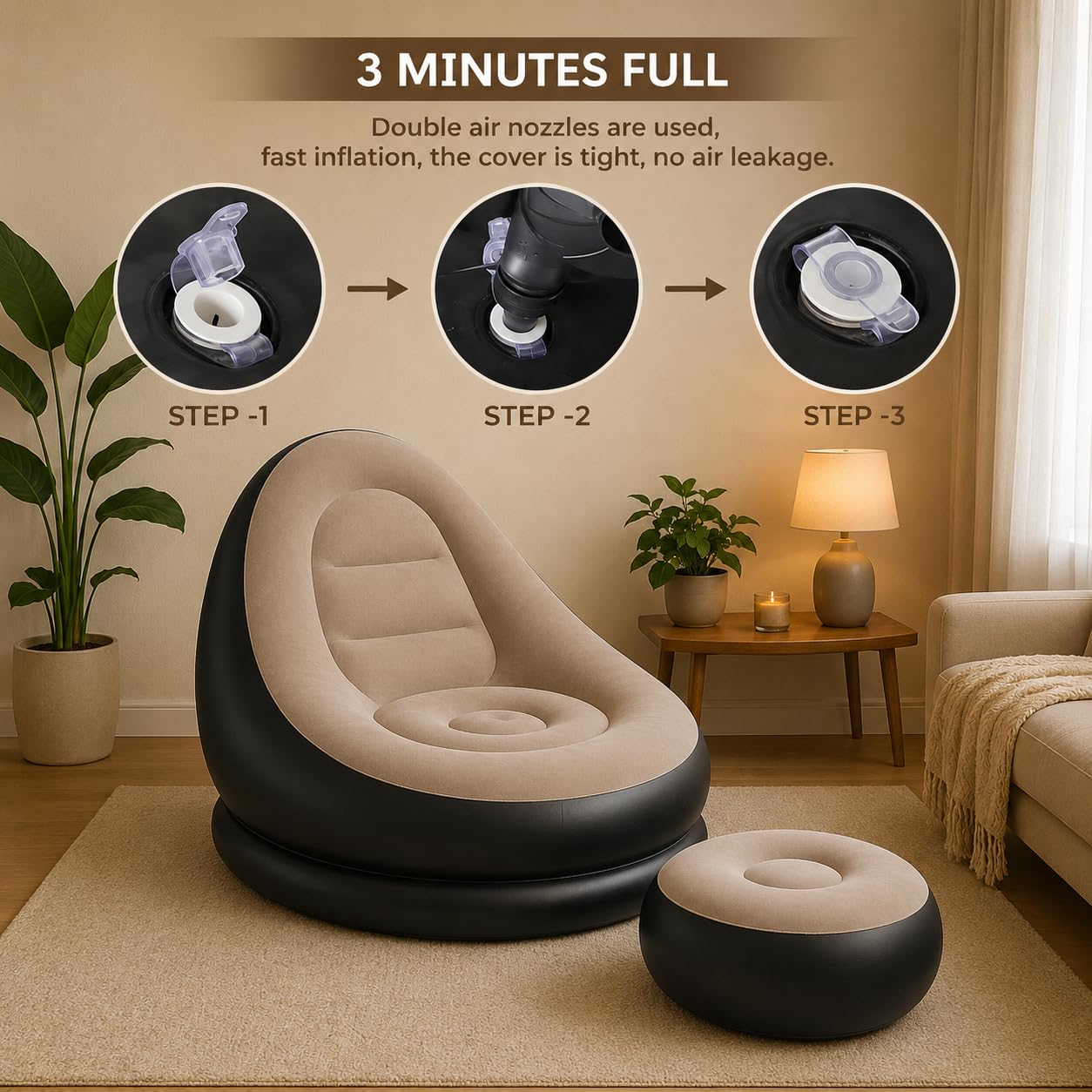 DTR Creation Inflatable Lounge Chair for Adults with Ottoman, Foldable Air Sofa Couch, Portable Blow Up Chair for Living Room Bedroom, Comfortable Indoor Seating, 150 kg Capacity (Beige) 3