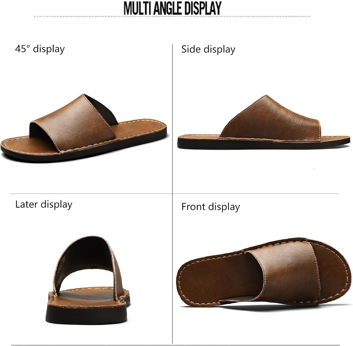 Men's Leather Flat Slides Sandals with Hand Stitched Comfortable Open Toe Soft Platform Slip On Slippers Summer Anti-Slip Beach Walking Sandals
