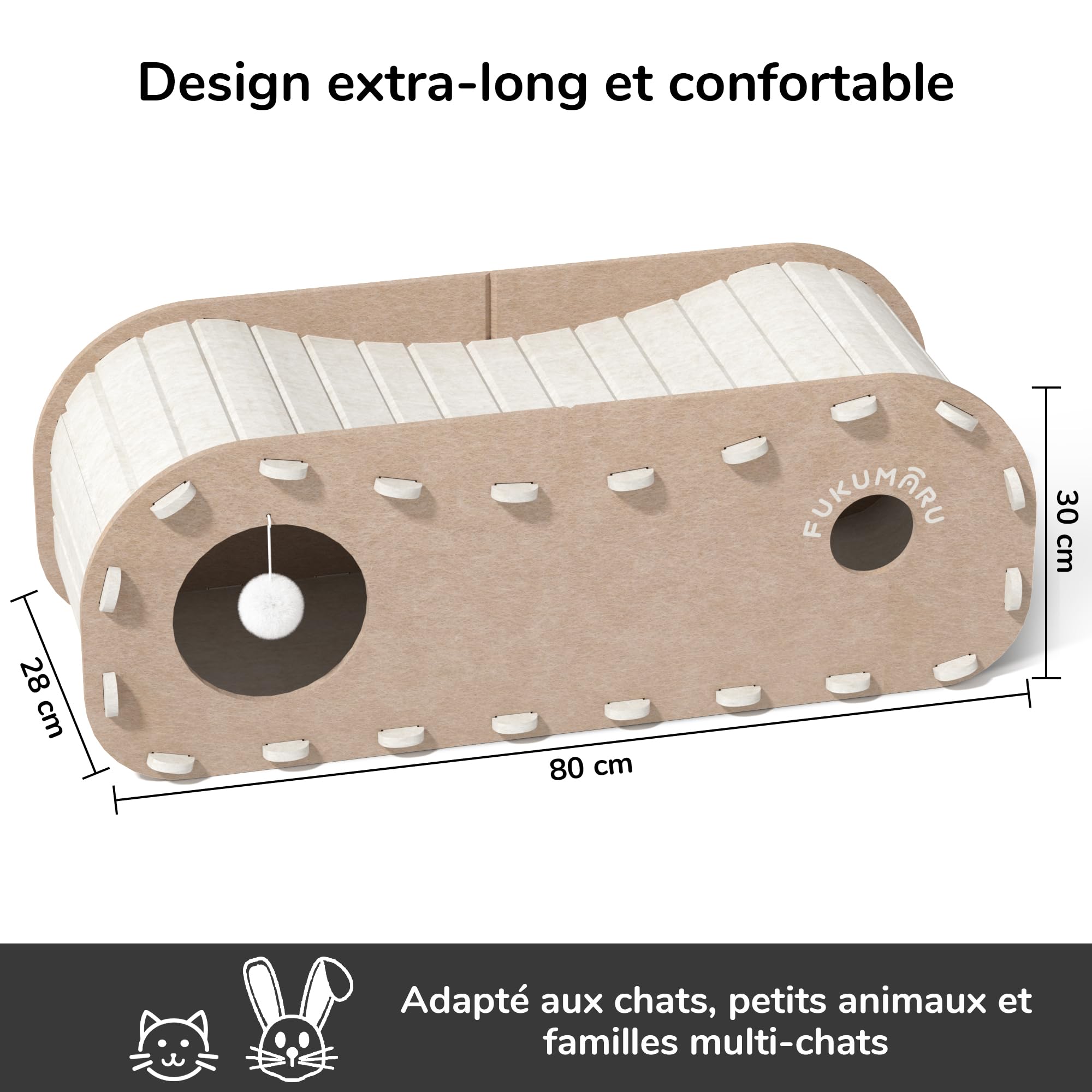 FUKUMARU Lit pour Chat d'intérieur, Grotte Extra Large pour Chat 80 cm Maison Confortable avec Boule Moelleuse à Suspendre, Lit cachette en Feutre résistant aux Rayures, Tunnel félin, Beige