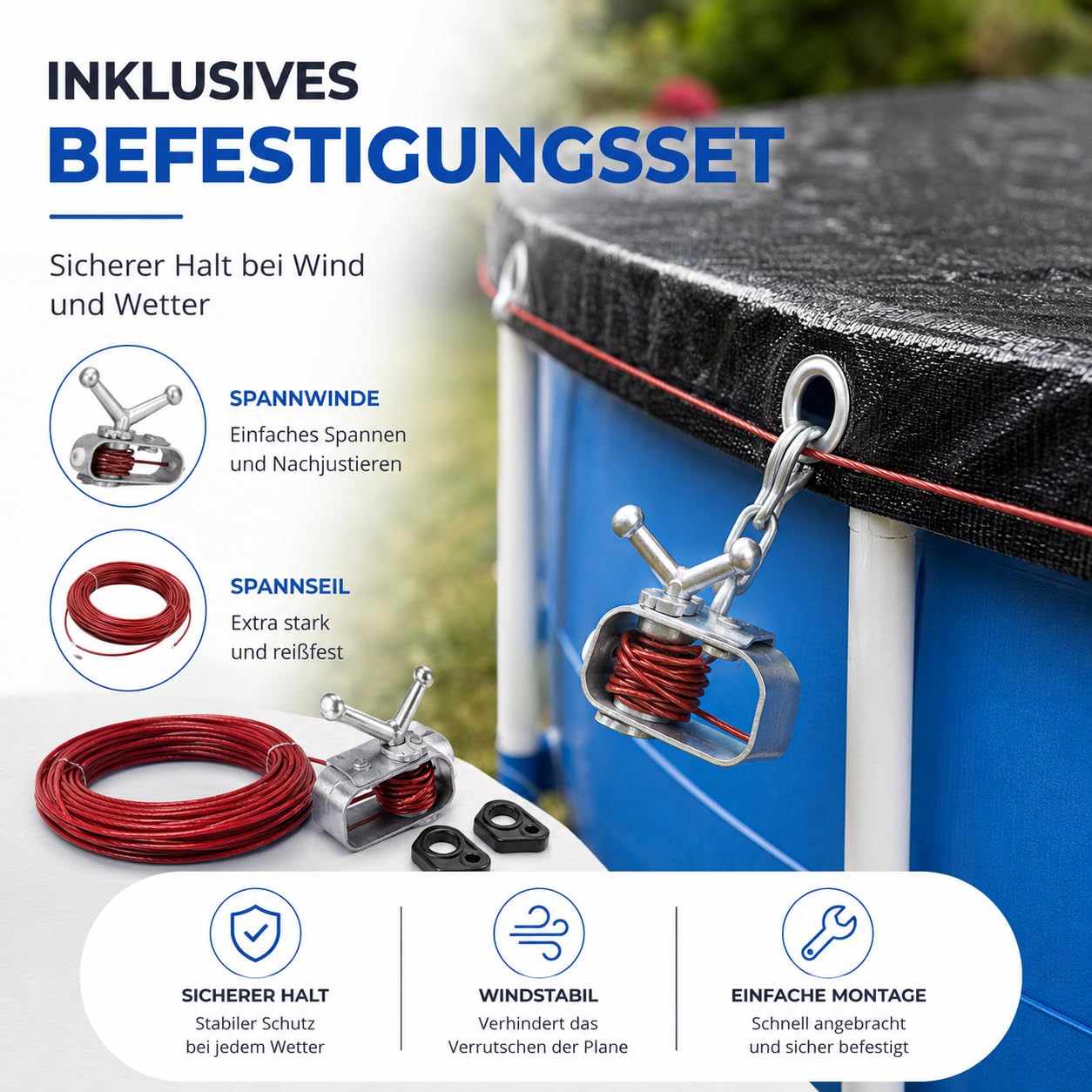 Telo di copertura per piscina rotondo, extra spesso, 200 g/m², resistente ai raggi UV, per l'estate e l'inverno, colore nero, 460 – 500 cm (diametro 560 cm)