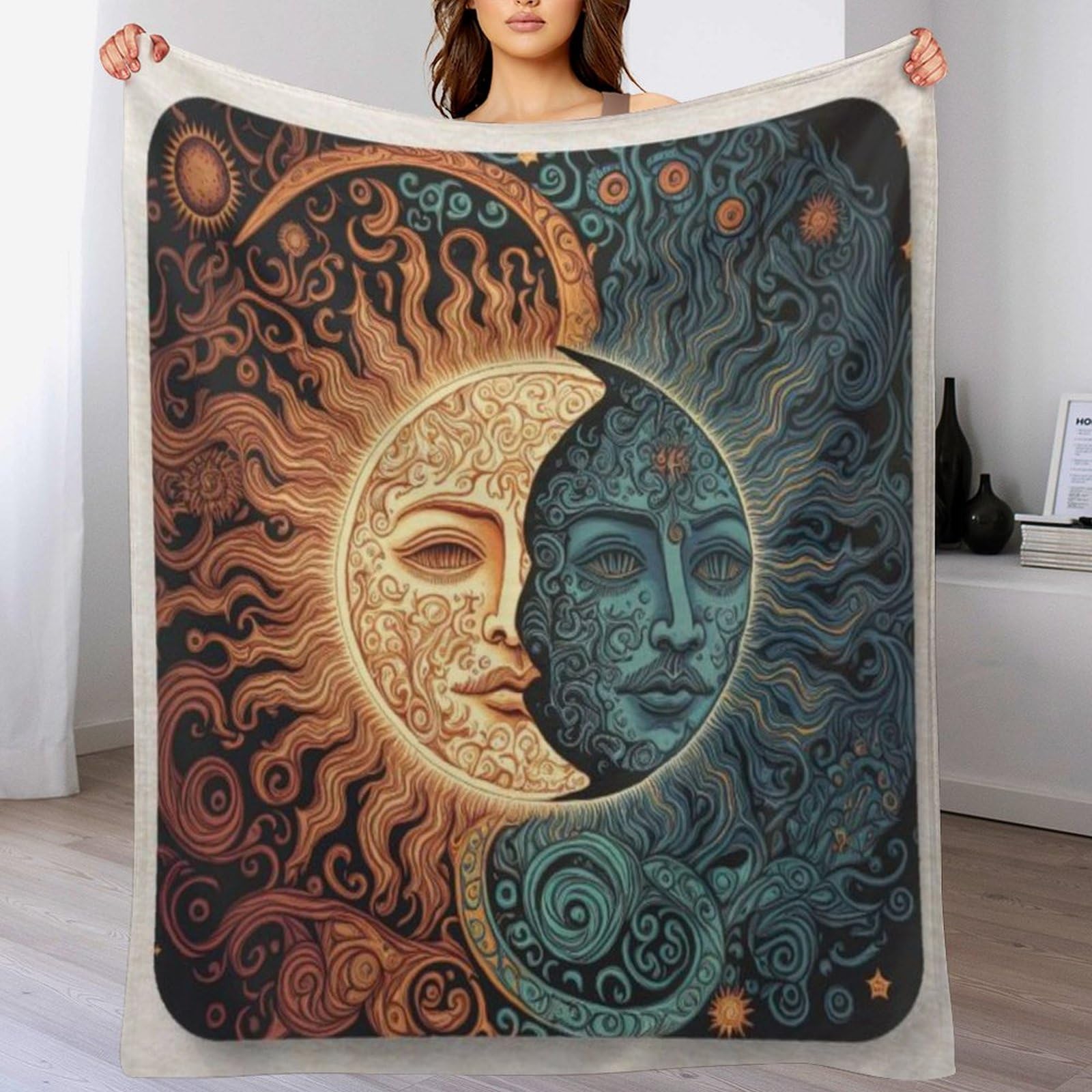 Couverture plaid soleil et lune en flanelle lanière de lit 150x200cm