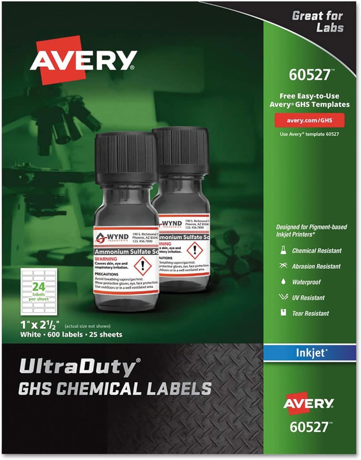 Avery UltraDuty GHS Chemical Labels for Pigment Inkjet Printers, Waterproof, UV Resistant, 1x 2.5, Pack of 600 (60527)