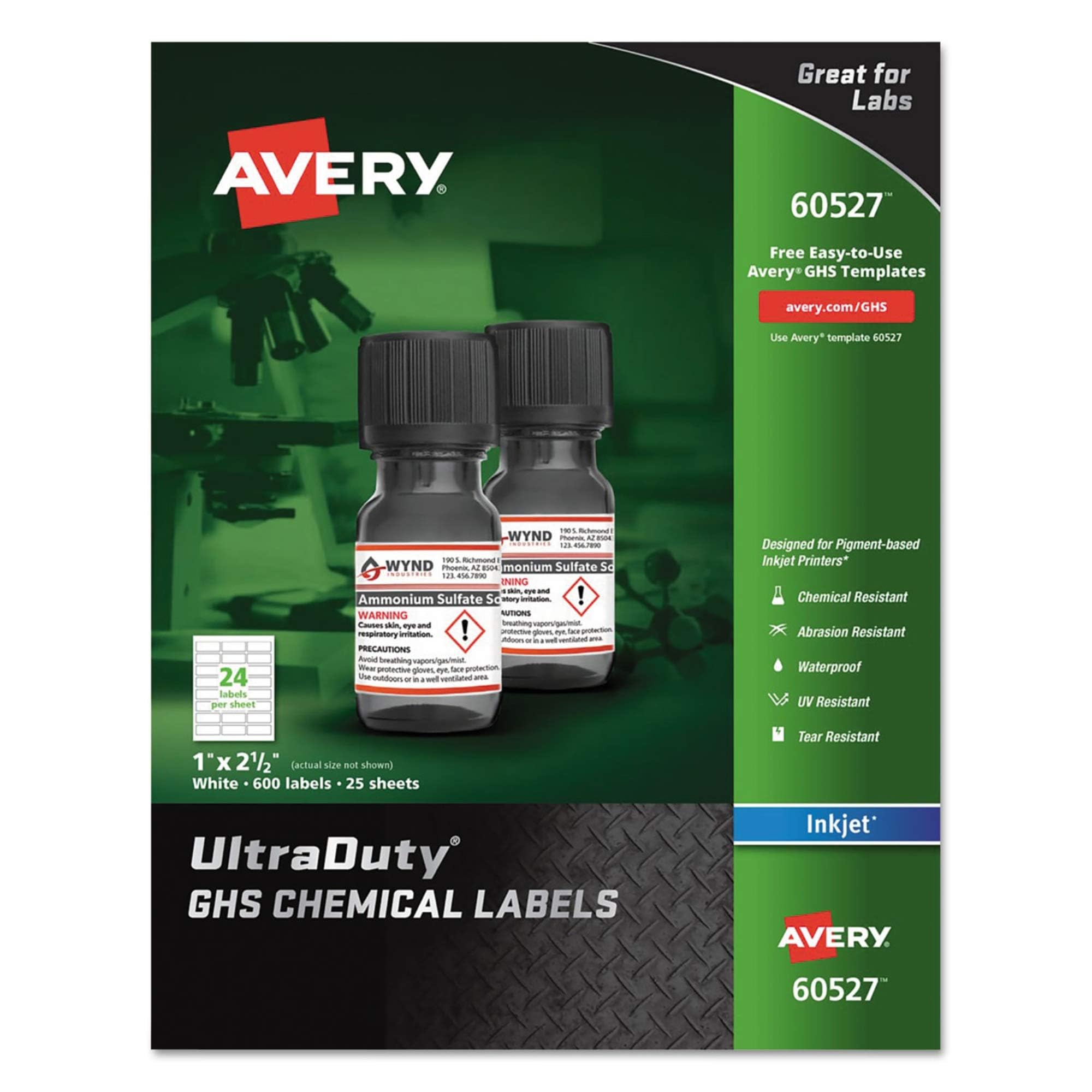 Avery Etichette chimiche UltraDuty GHS per stampanti a getto d'inchiostro pigmentate, impermeabili, resistenti ai raggi UV, 2,5 x 6,3 cm, confezione da 600 (60527)