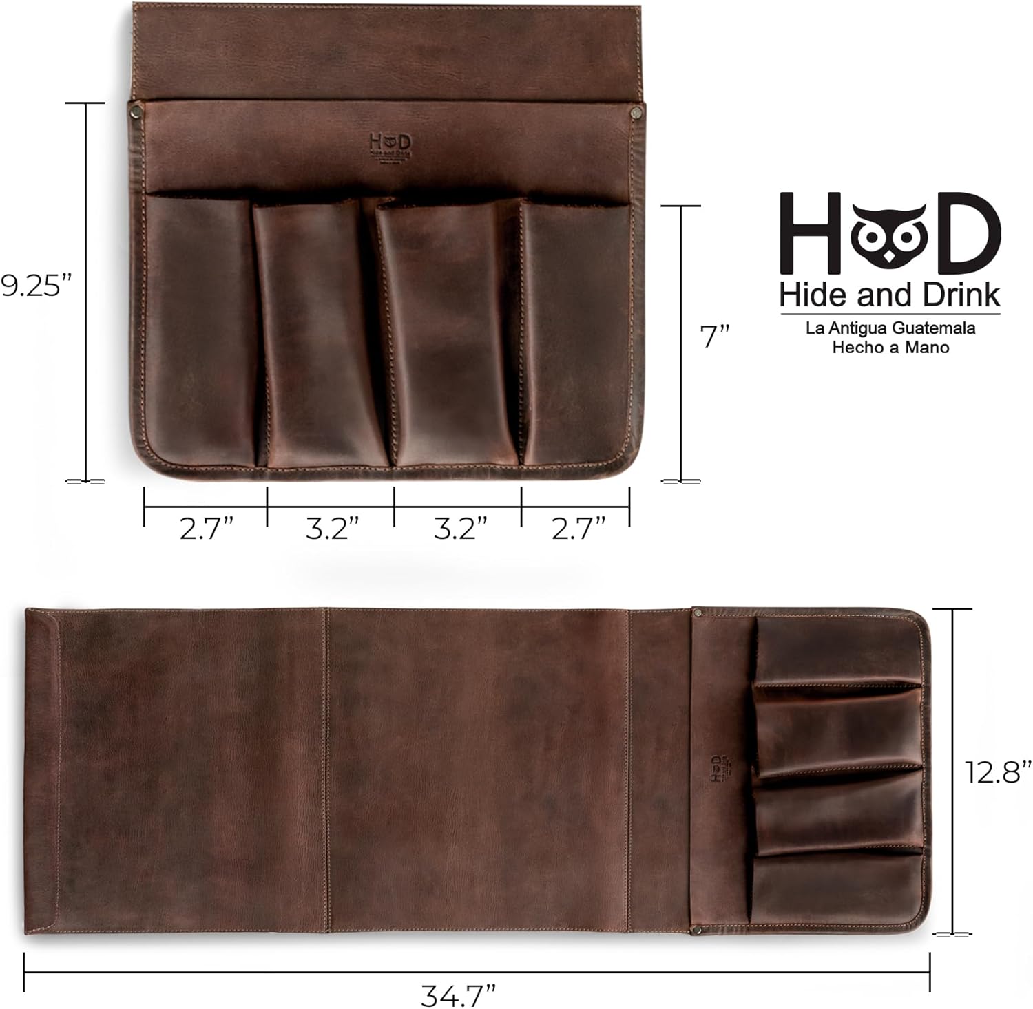 Hide & Drink, Remote Control and Magazine Holder, Sofa Armrest Organizer Pouch, Couch Potato Essentials, Armchair Caddy, Full Grain Leather, Handmade, Bourbon Brown