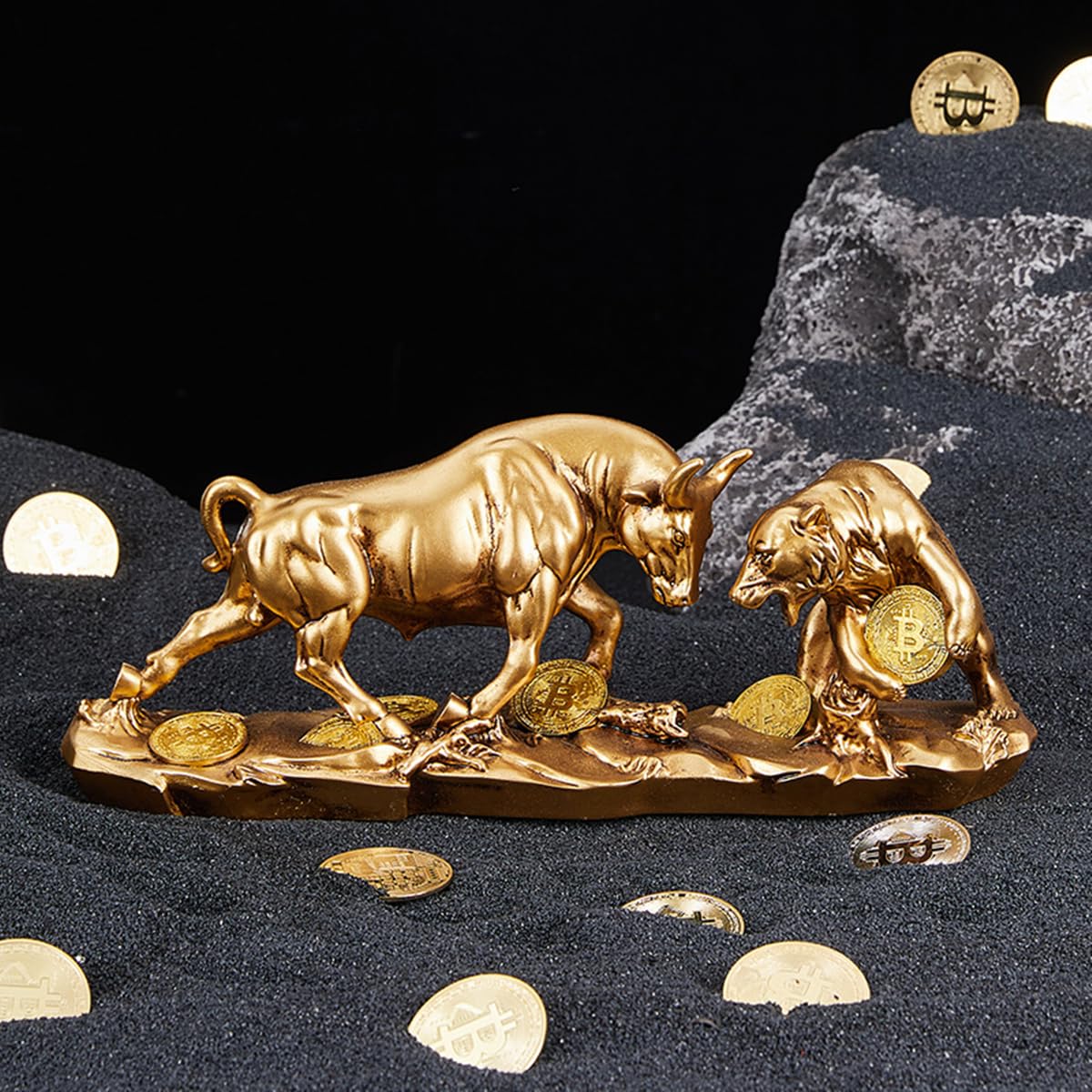 JXCBXJ Bull and Bear Statue,Resin Abstract Tabletop Decor, Stock Market Decor,Gifts for Financial Investment Managers Investor. (Gold A)