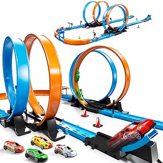 Toy Car Track Gift Set for Boys Kids Age 3-5 4-7 8-12, Long Race Tracks with 4 Action Loops and 4 High-Speed Slot Die-Cast Race Cars, 35+ Pieces Race Tracks to Create Multiple Configurations