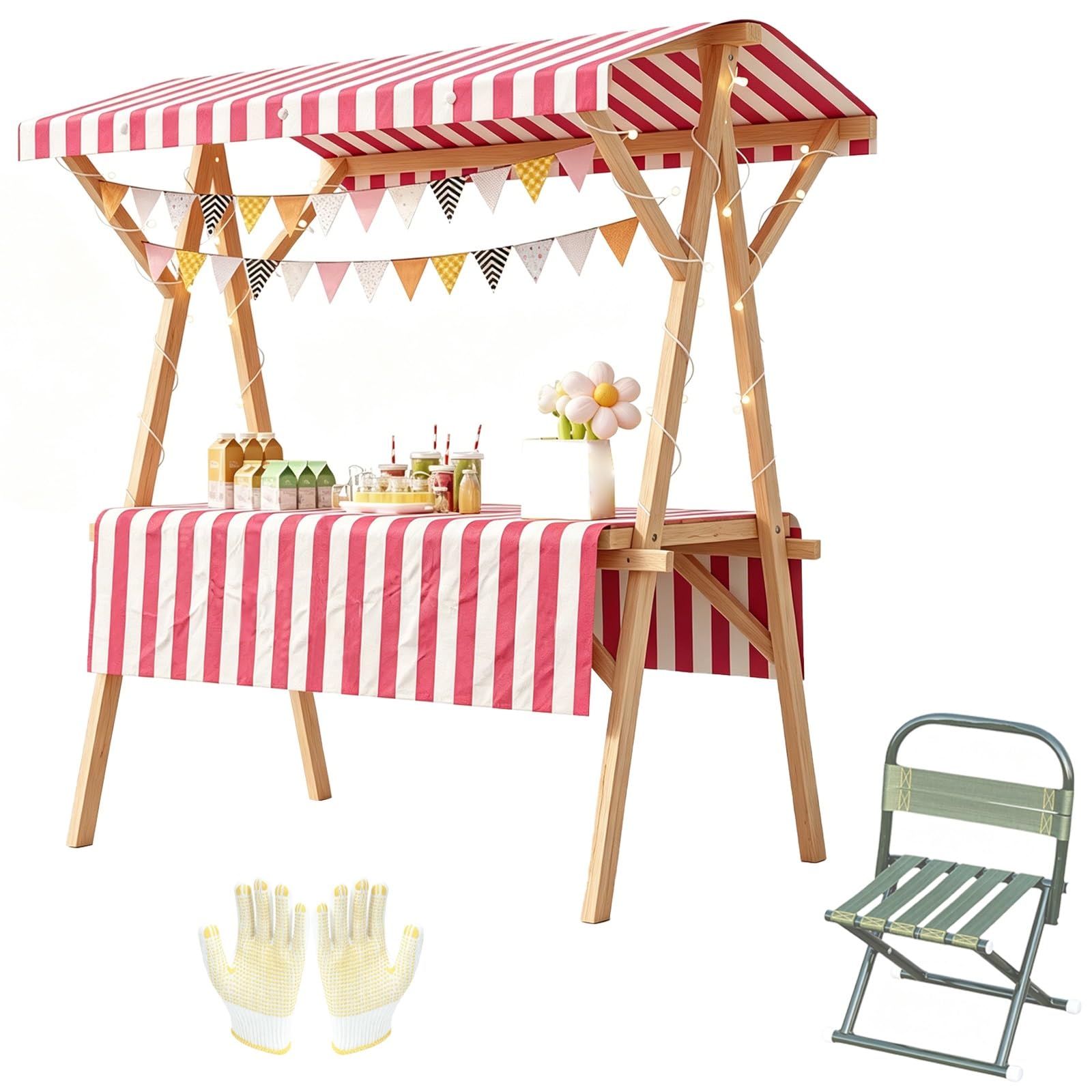 Wooden Market Stall vendor Cart with Striped Canopy, Foldable Vendor Booth with Wheels, Chair for Flea Market, 660lbs Load(Pink,144x60x190cm/56x24x75in)