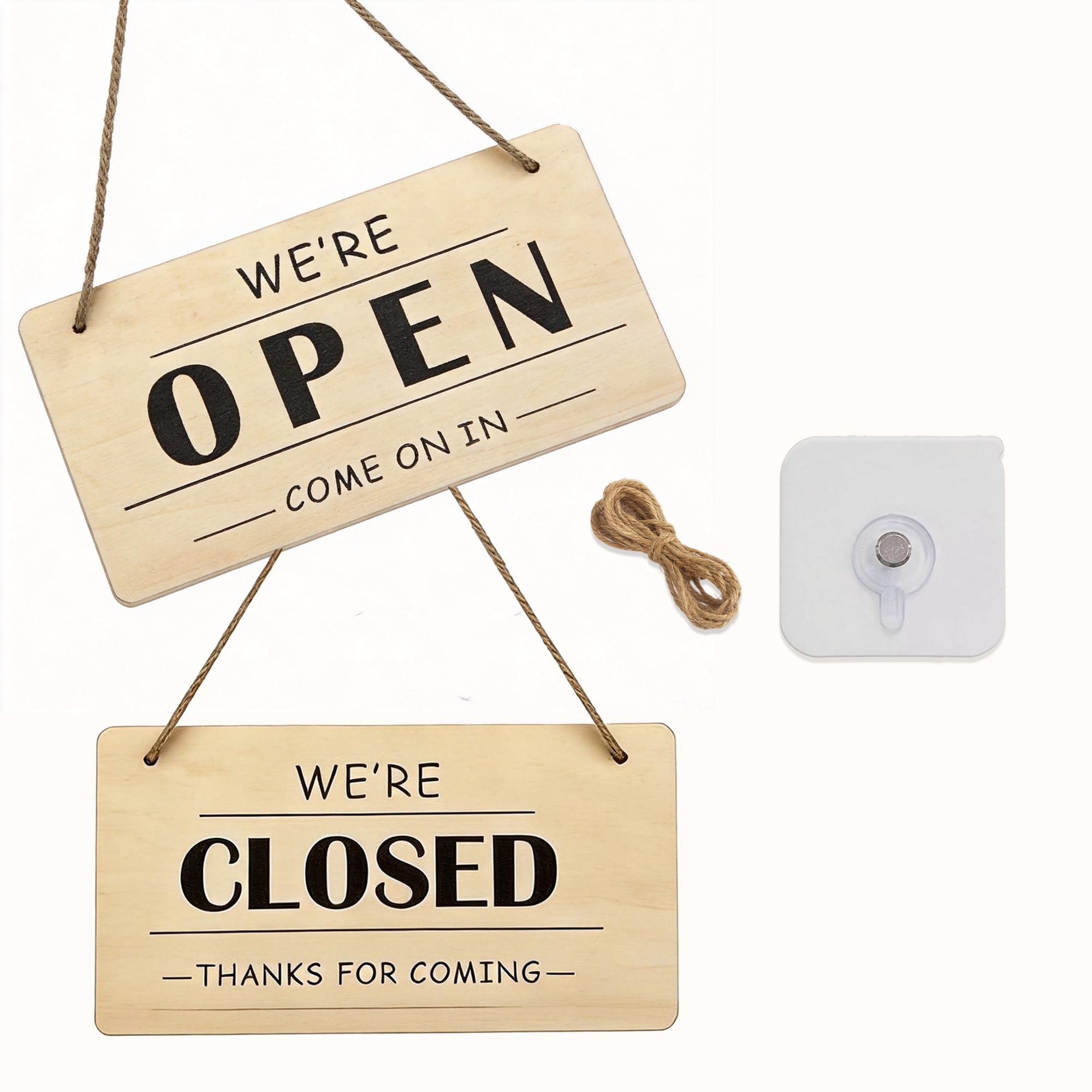 Natural Wood Tone Double-Sided Open Closed Sign with Hemp Rope for Shops — image 1