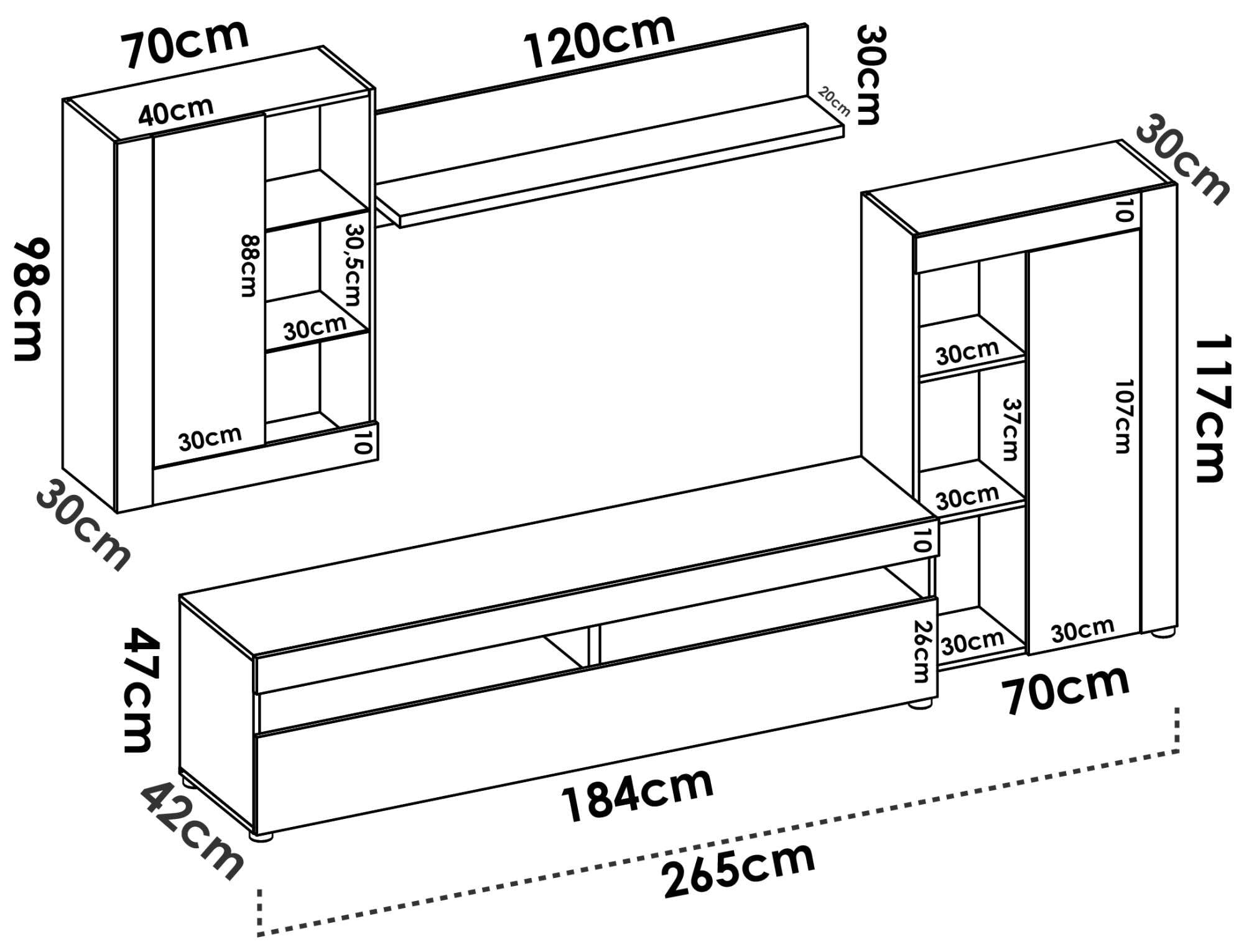Dmora Parete Attrezzata Beverin 42x265x180h cm Bianco 12 Ripiani Modulabile, Apertura Battente e a Ribalta