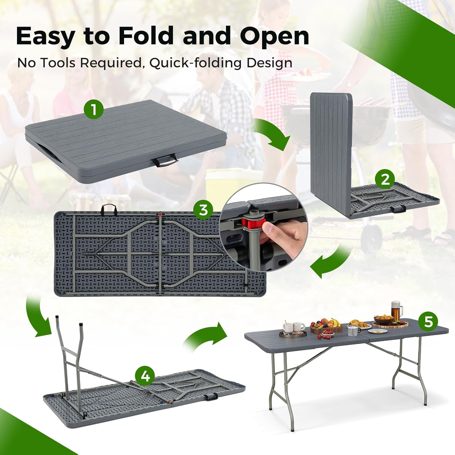 Giantex 6ft HDPE Folding Table, Outdoor Indoor Foldable Table with Metal Legs, Fold-in-Half Portable with Handle for Picnic, Camping, Banquet, Party Event (Gray)