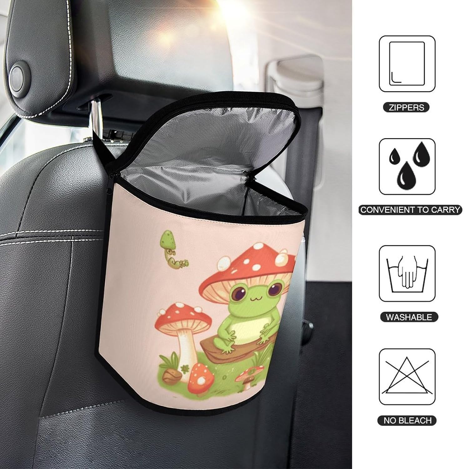 Cute Frogs and Mushrooms Car Trash Can Bin Bag Waterproof Car Garbage Can Bag Trash Can for Car Car Trash Can for Women Men Garbage Can for Car Car Trash Can with Lid Trash for Car Trucks Rvs