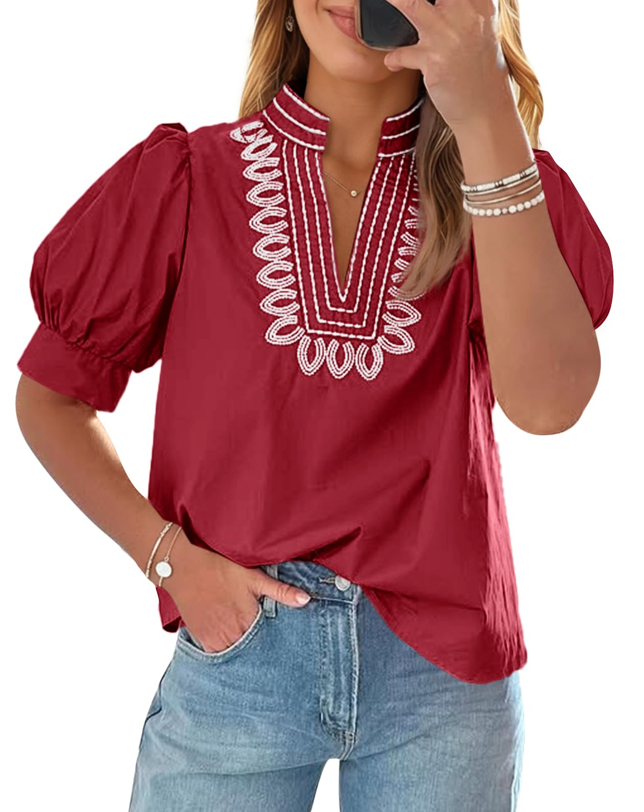 Cicy Bell Womens Puff Short Sleeve Blouses Dressy Embroidered Boutique Tops | Summer Casual, Loose Fit, Trendy, V Neck Shirts