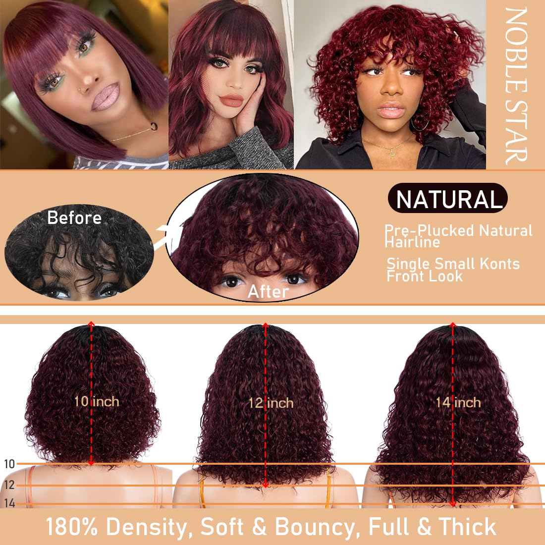 14inch Short Curly Wigs with Bangs Human Hair for Black Women Human Hair Afro Natural Curly Wig Brazilian Virgin Curly Wig 180% Density None Lace Front Bob Wigs TT1B/99J - Image 4