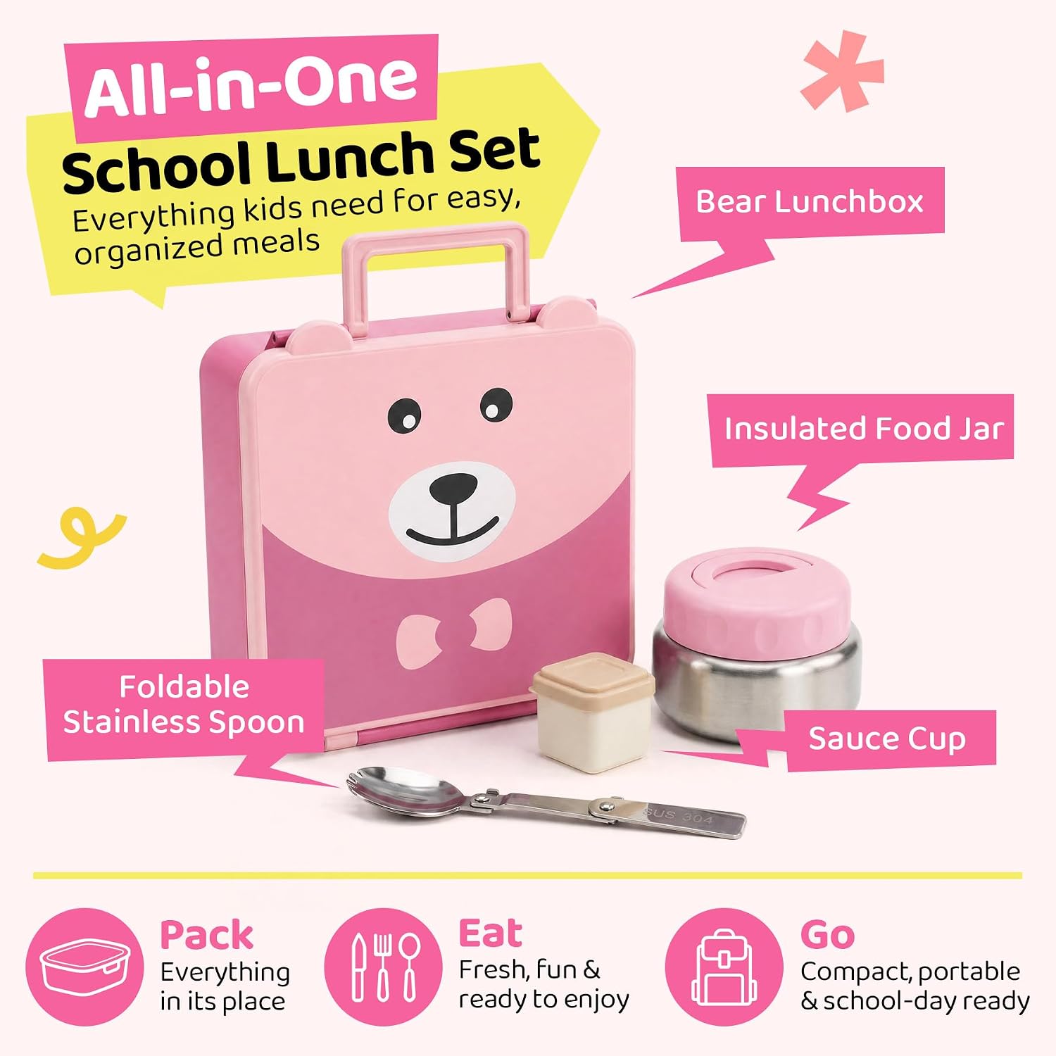 Kids Bento Lunch Box Leak-Proof 4-Compartment 8oz Soup Thermo（Pink） image 2